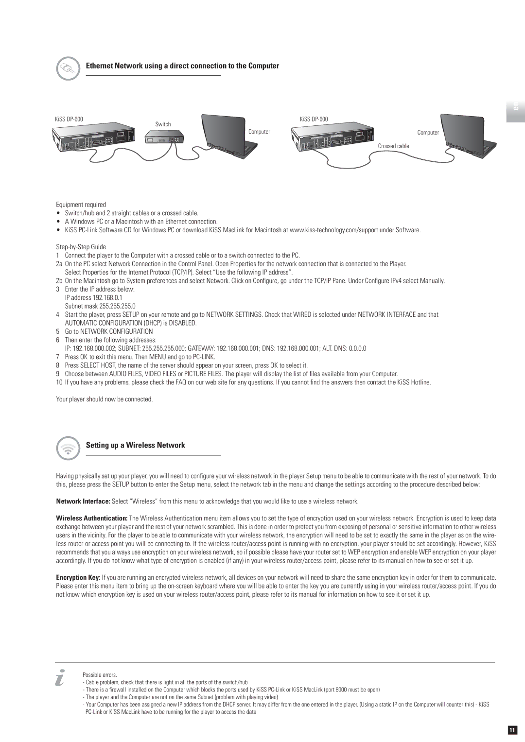 KiSS Networked Entertainment DP-600 manual Ethernet Network using a direct connection to the Computer 