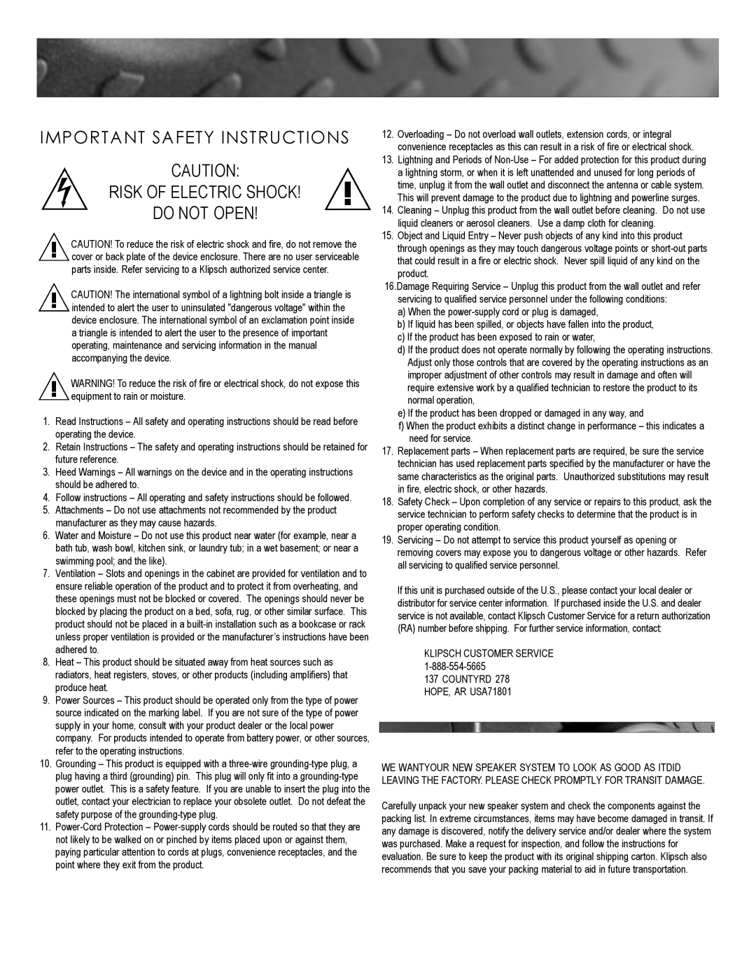 Kitchen Labs ProMediaTM manual Important Safety Instructions, Klipsch Customer Service 