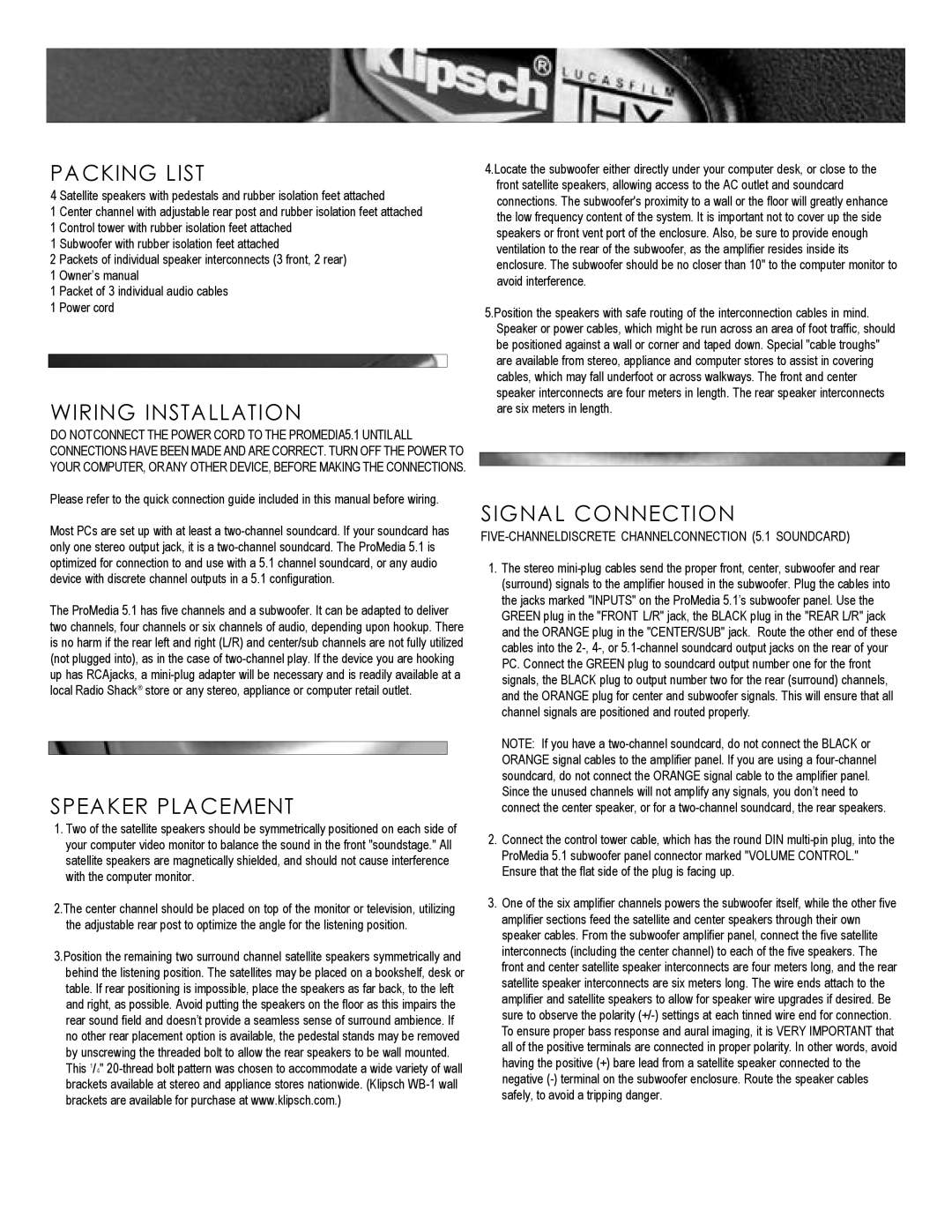 Kitchen Labs ProMediaTM manual Packing List, Wiring Installation, Speaker Placement, Signal Connection 