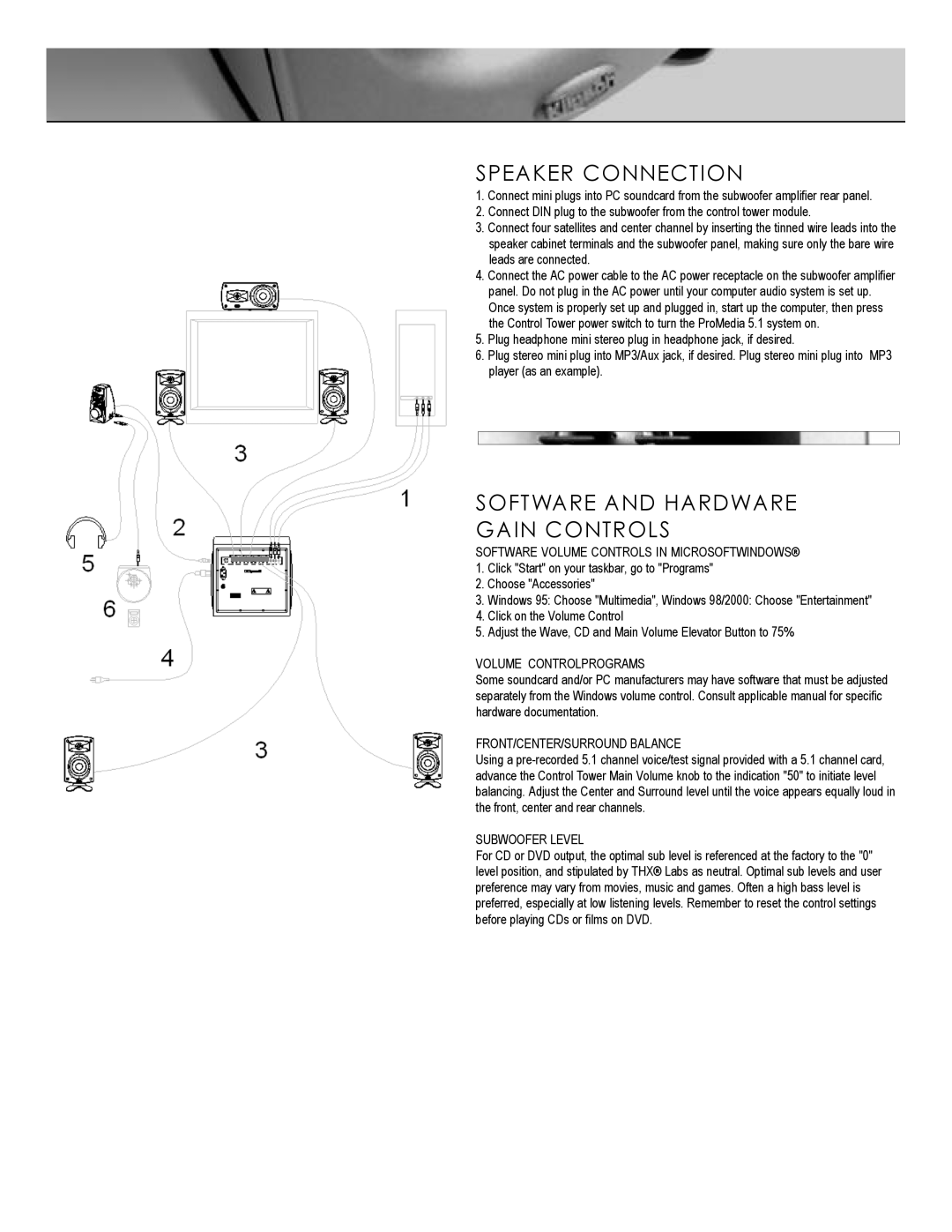 Kitchen Labs ProMediaTM manual Speaker Connection, Software and Hardware Gain Controls 