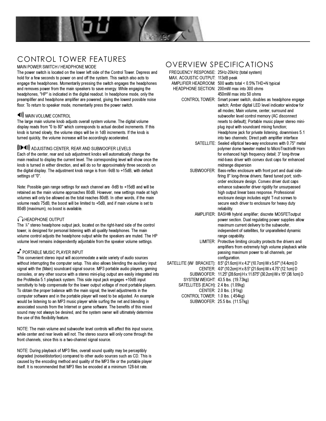 Kitchen Labs ProMediaTM manual Control Tower Features, Overview Specifications 