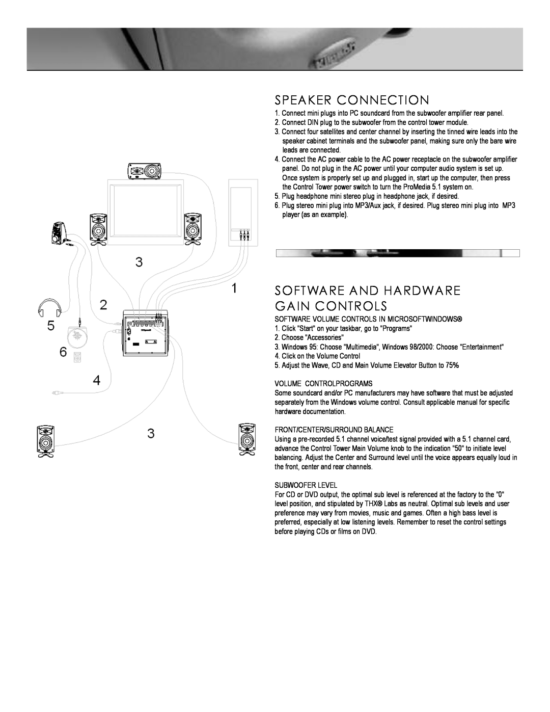 Kitchen Labs ProMediaTM manual Speaker Connection, Software And Hardware Gain Controls 
