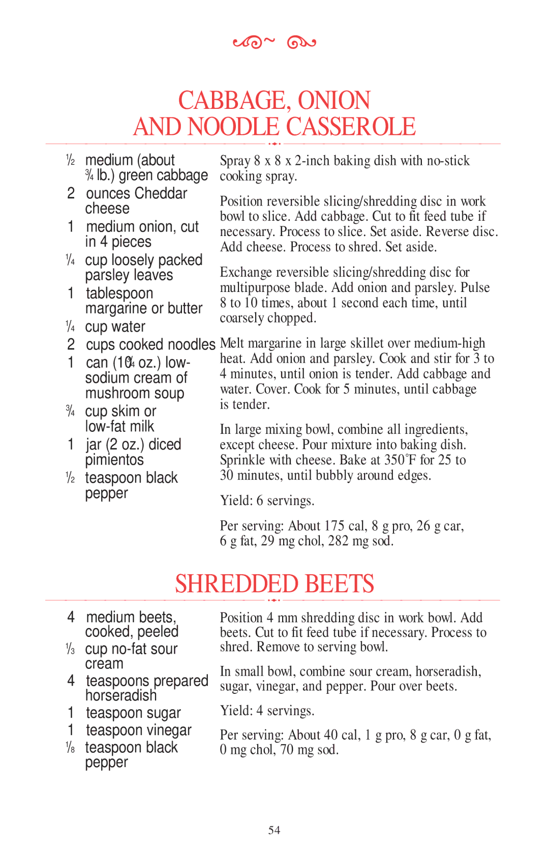 KitchenAid 11 CUP manual CABBAGE, Onion Noodle Casserole, Shredded Beets 