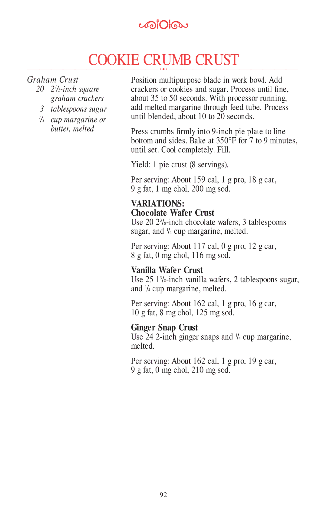 KitchenAid 11 CUP manual Cookie Crumb Crust, Graham Crust, Tablespoons sugar Cup margarine or Butter, melted 