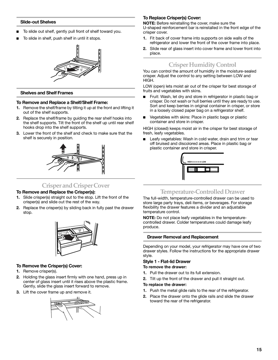 KitchenAid 12828154 manual Crisper Humidity Control, Crisper and Crisper Cover, Temperature-Controlled Drawer 