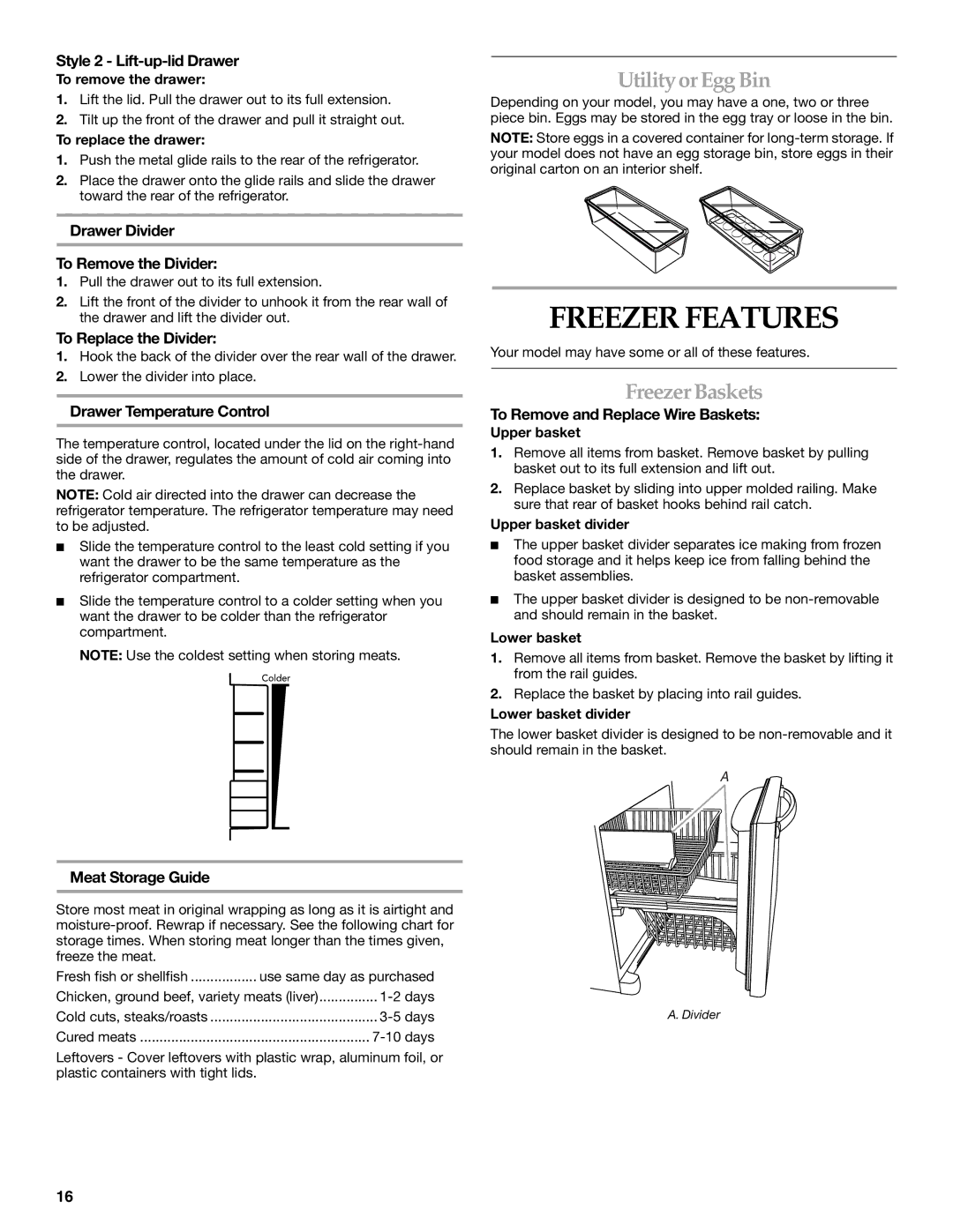 KitchenAid 12828154 manual Freezer Features, Utilityor Egg Bin, Freezer Baskets 