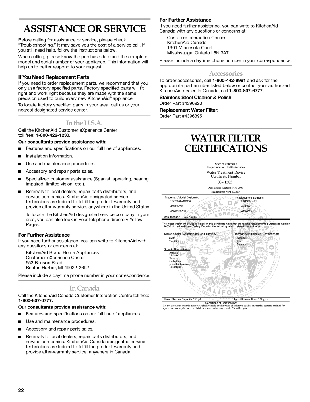 KitchenAid 12828154 manual Assistance or Service, Water Filter Certifications, U.S.A, Canada, Accessories 