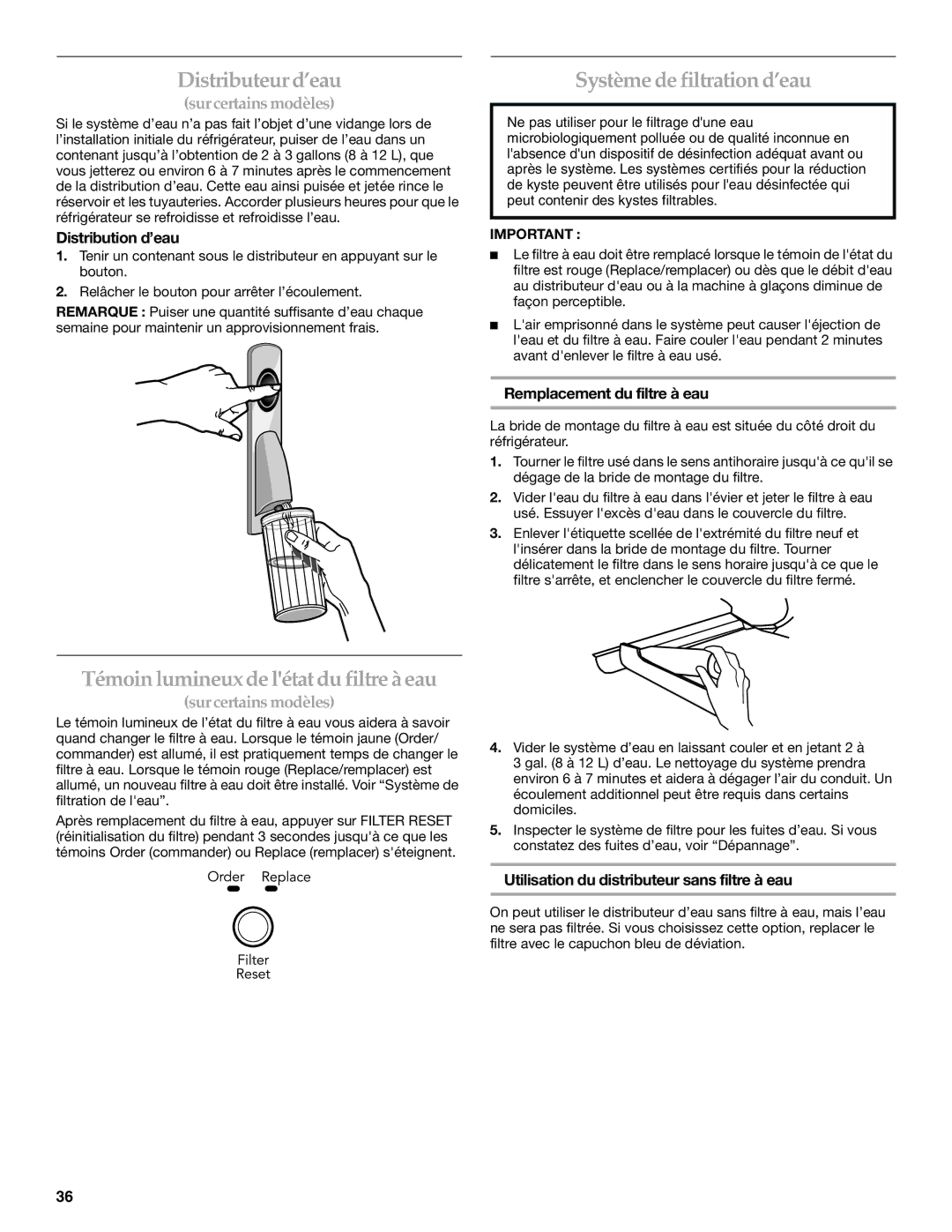 KitchenAid 12828154 manual Distributeur d’eau, Système de filtration d’eau, Témoin lumineux de létat du filtre à eau 