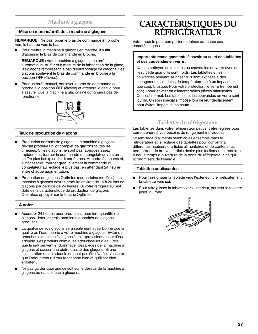 KitchenAid 12828154 manual Caractéristiques DU Réfrigérateur, Machineà glaçons, Tablettesdu réfrigérateur 