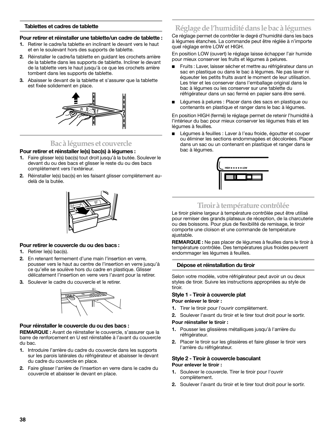 KitchenAid 12828154 Bacà légumesetcouvercle, Réglage de l’humidité dansle bac à légumes, Tiroir à température contrôlée 