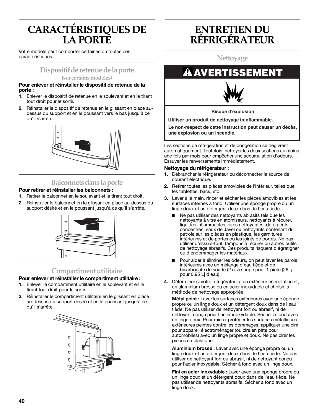 KitchenAid 12828154 manual Caractéristiques DE LA Porte, Entretien DU Réfrigérateur 