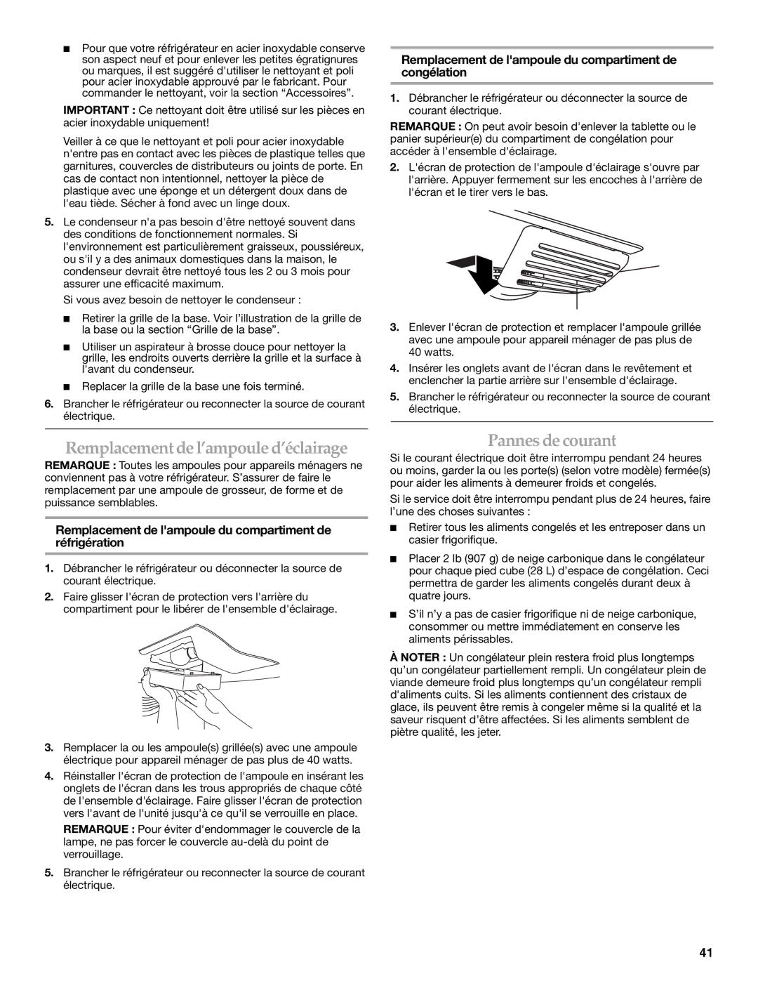 KitchenAid 12828154 manual Remplacement de l’ampoule d’éclairage, Pannes de courant 