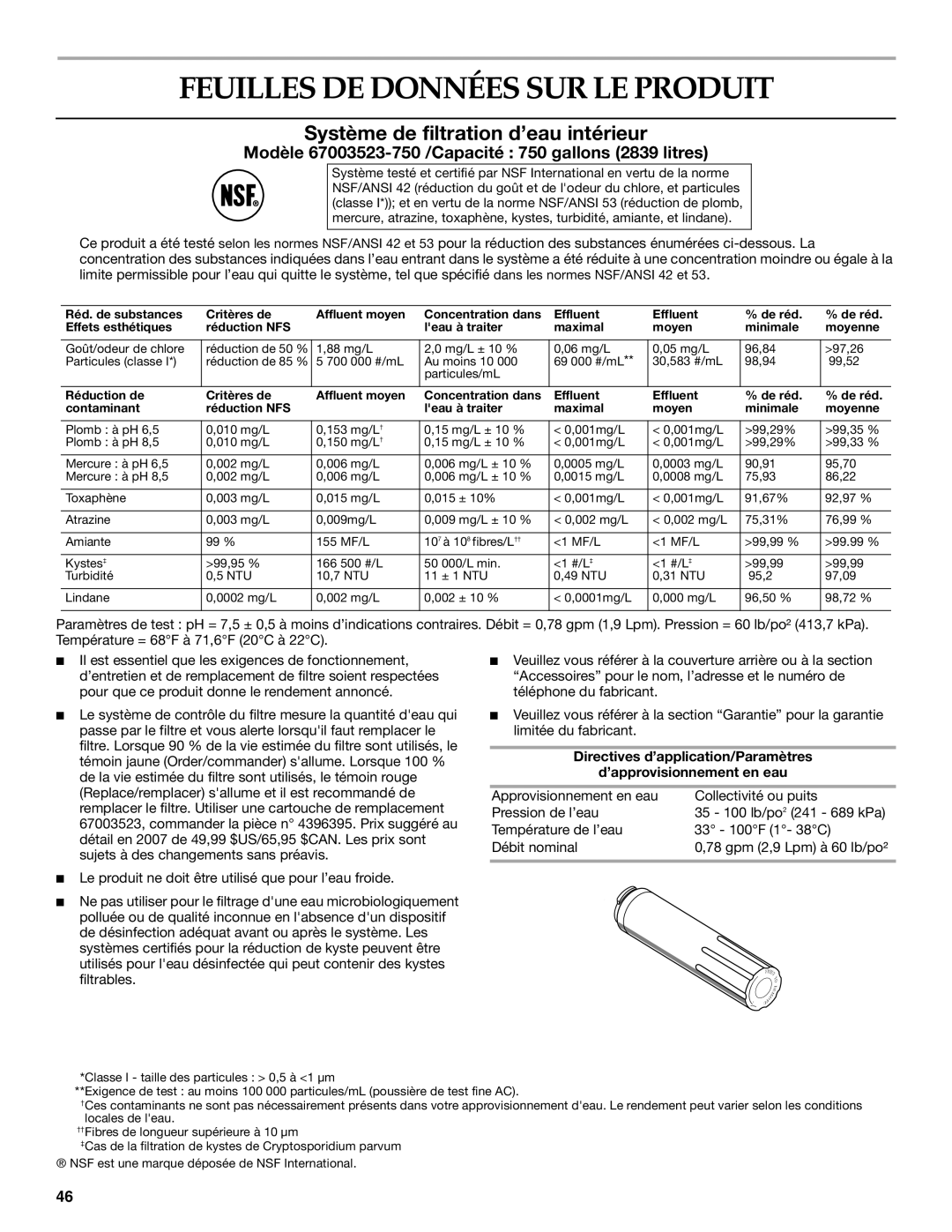 KitchenAid 12828154 manual Feuilles DE Données SUR LE Produit, Système de filtration d’eau intérieur 