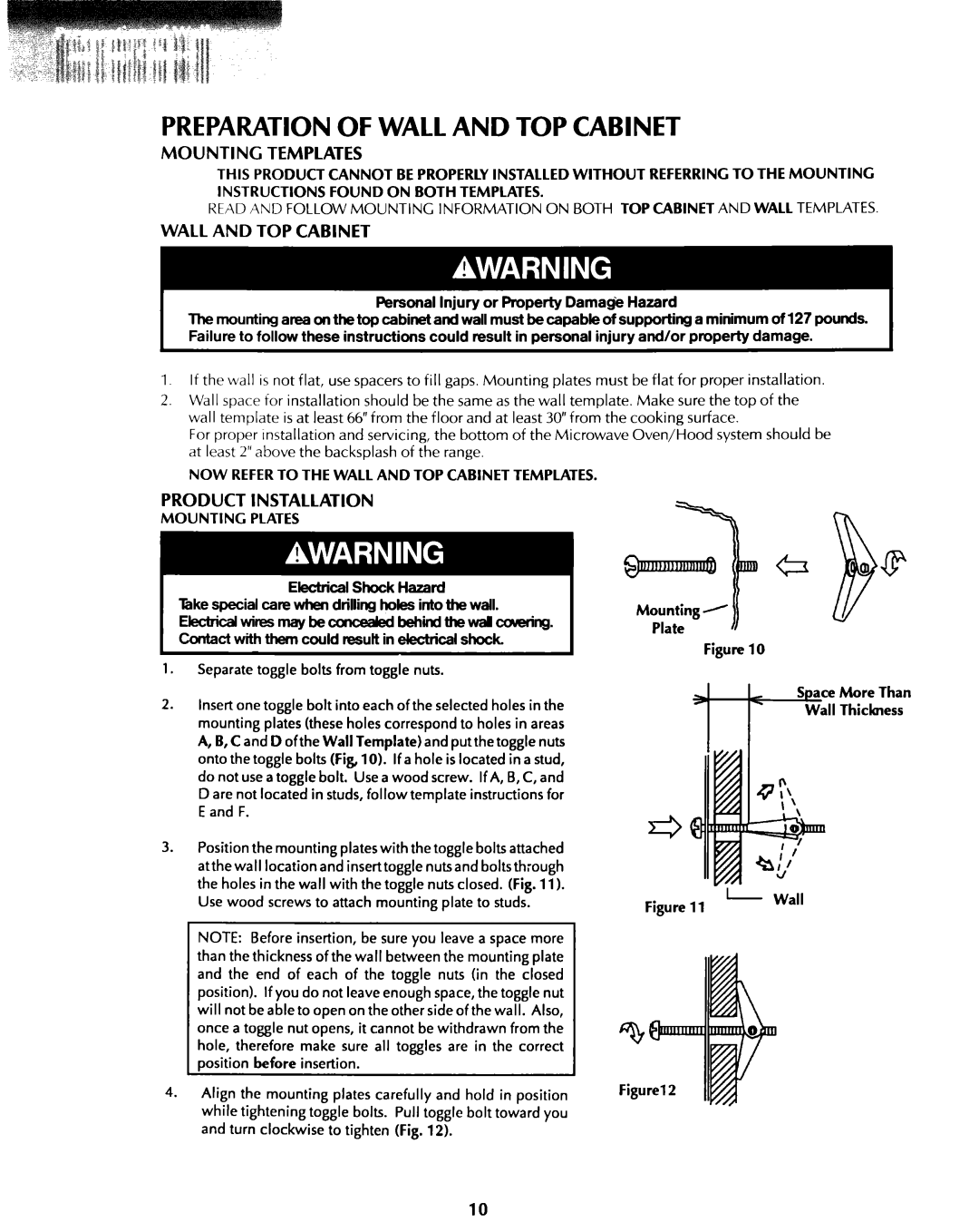 KitchenAid 1435 installation instructions Preparation of Wall and TOP Cabinet, Personal Injury or property Dama* Hazard 