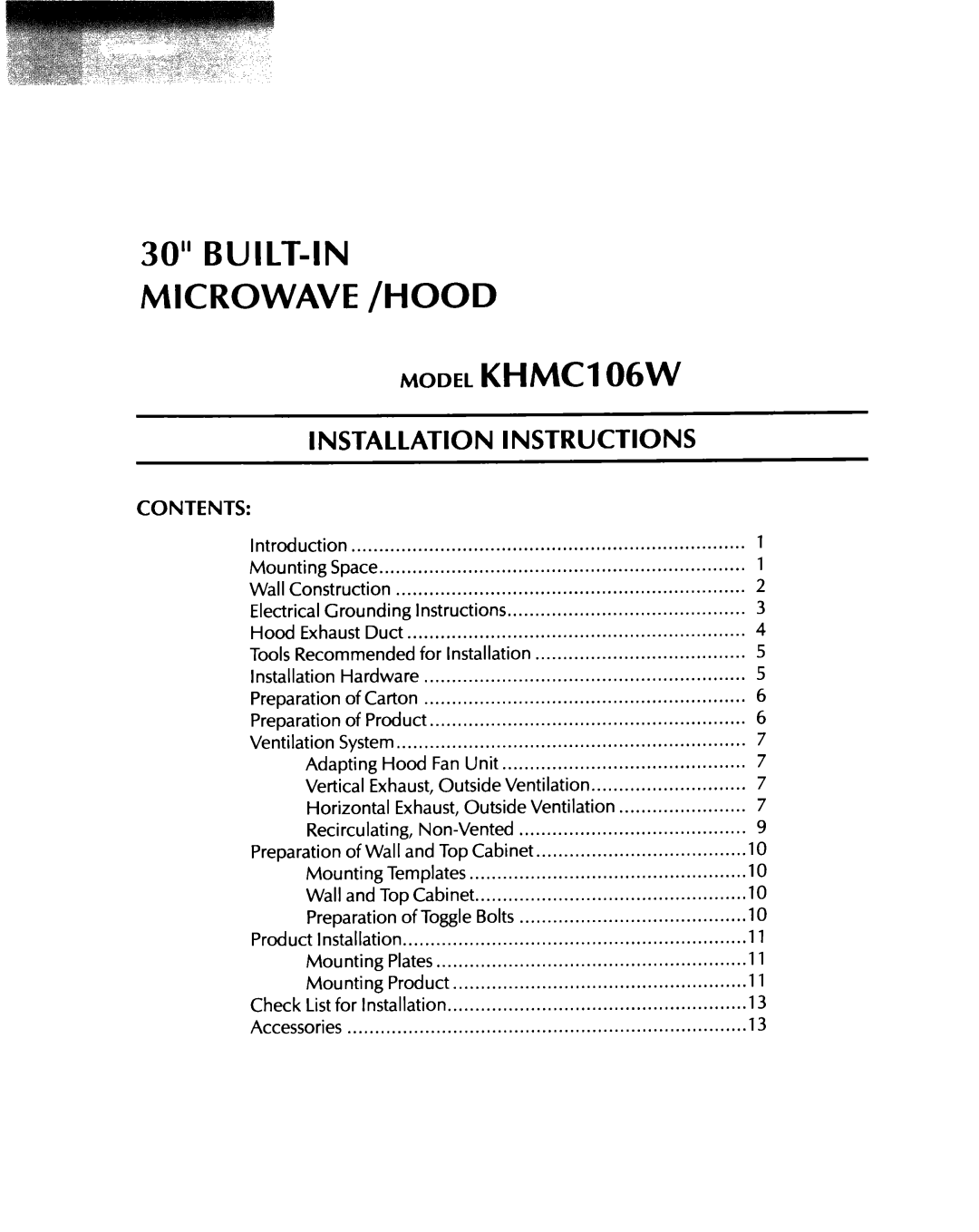 KitchenAid 1435 installation instructions Microwave /HOOD Model KHMC106W, Installation Instructions 