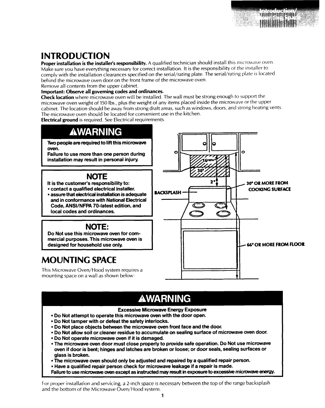 KitchenAid 1435 Introduction, Mounting Space, Important Observe all governing codes and ordinances 