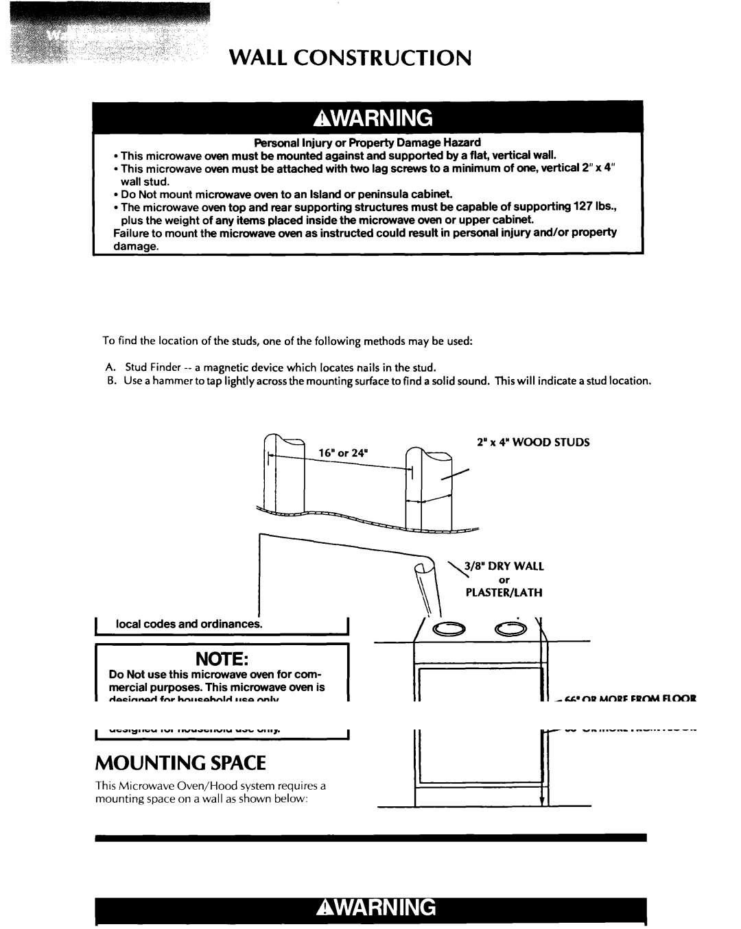 KitchenAid 1435 installation instructions Wall Construction, Wood Studs 