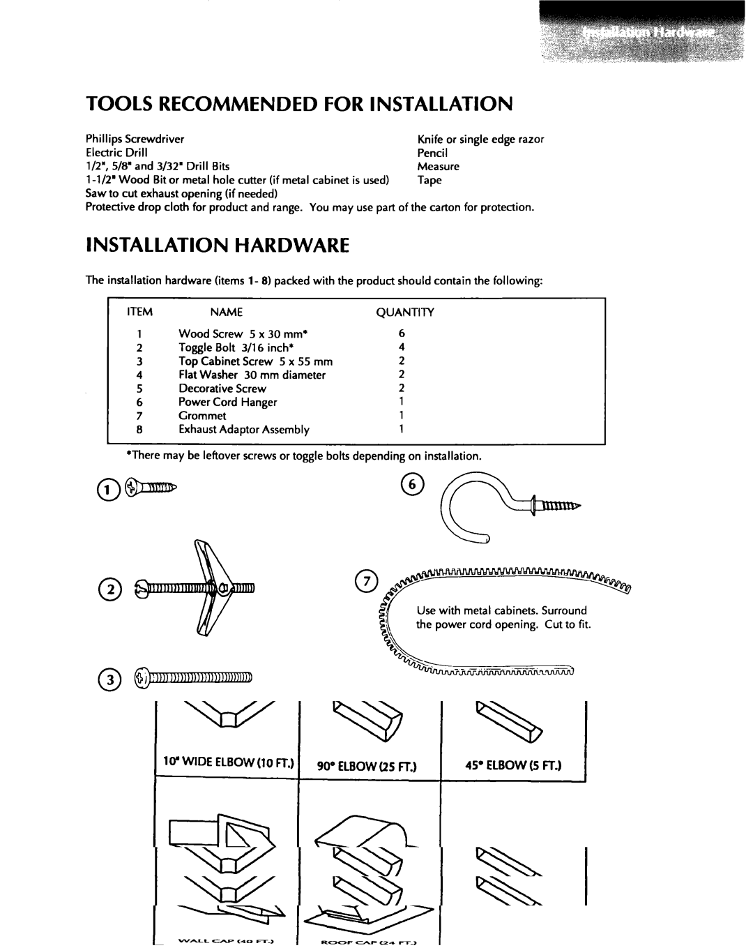 KitchenAid 1435 installation instructions Tools Recommended for Installation, Installation Hardware 