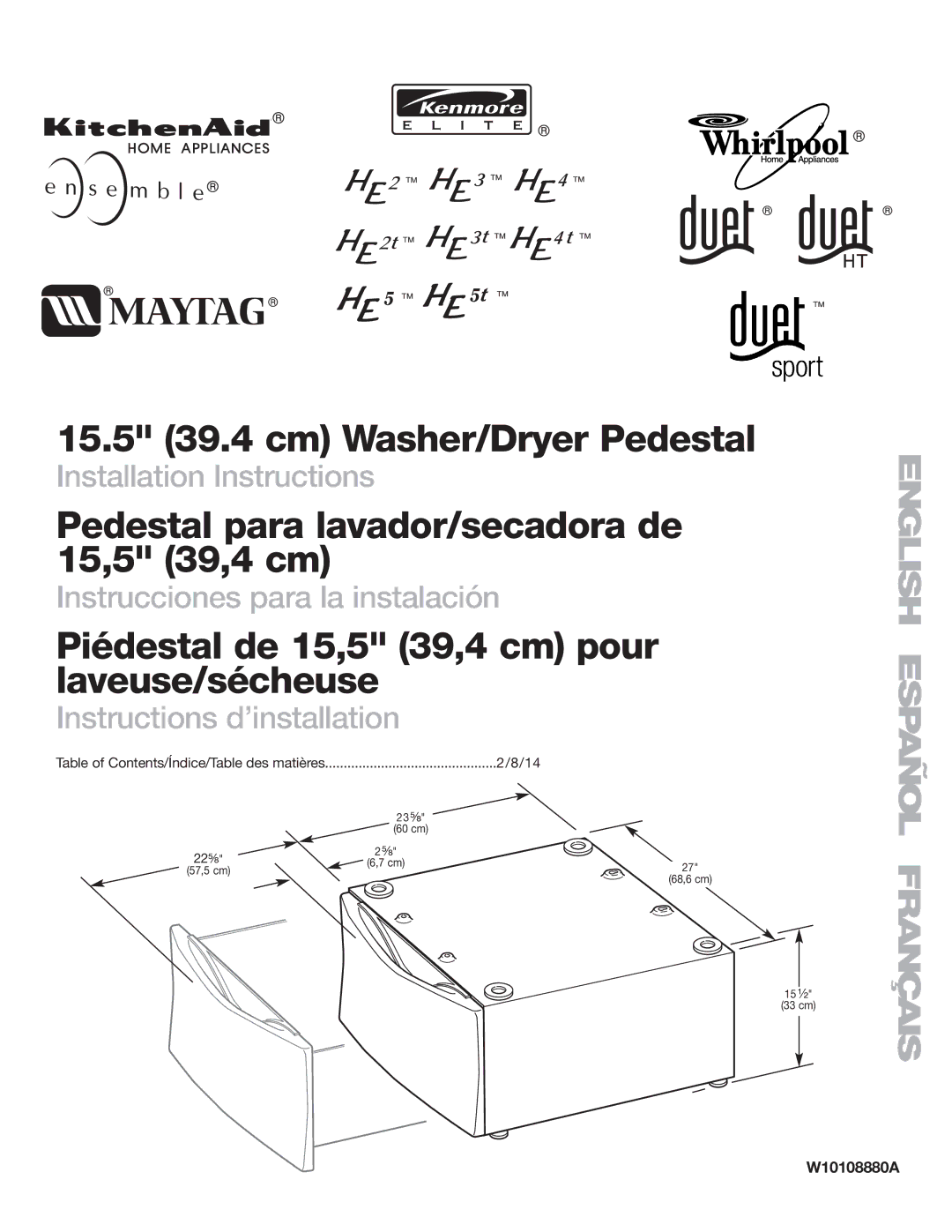 KitchenAid 15.5 (39.4 cm) Washer/Dryer Pedestal installation instructions Piédestal de 15,5 39,4 cm pour laveuse/sécheuse 