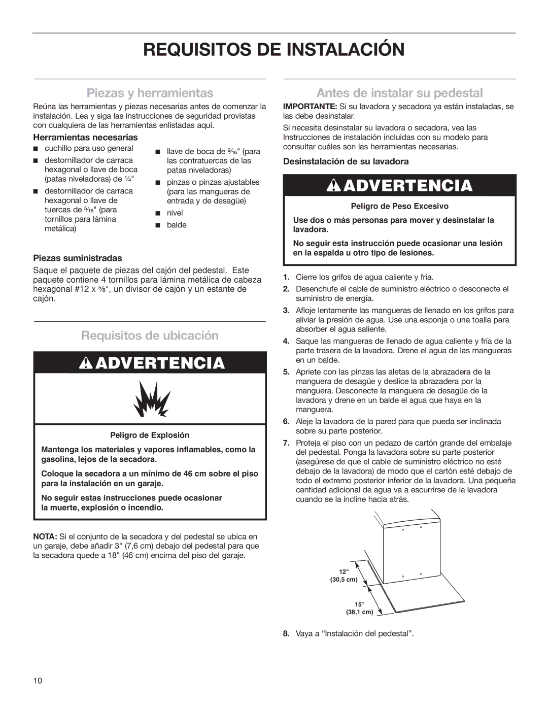 KitchenAid 15.5 (39.4 cm) Washer/Dryer Pedestal Requisitos DE Instalación, Piezas y herramientas, Requisitos de ubicación 