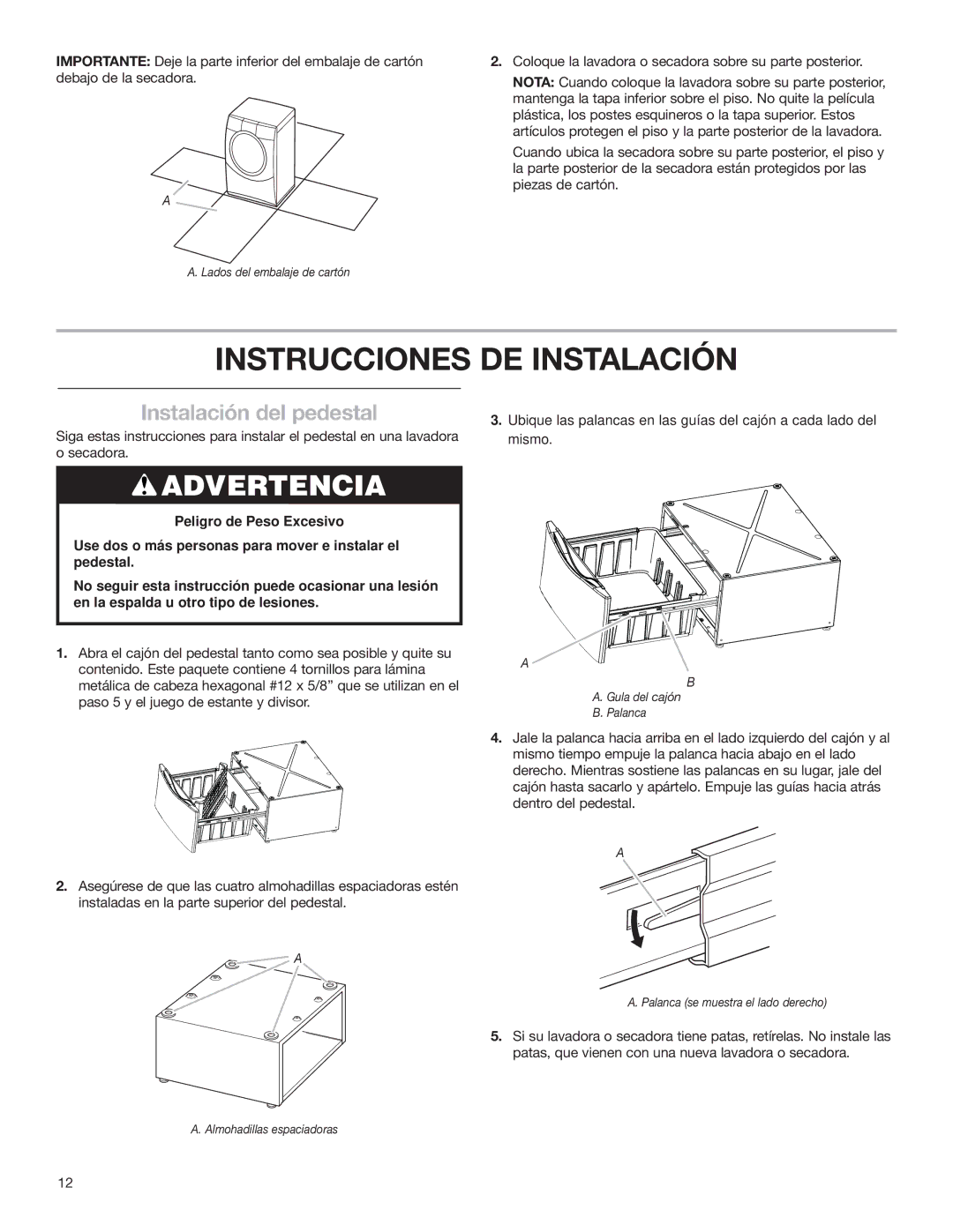 KitchenAid 15.5 (39.4 cm) Washer/Dryer Pedestal Instrucciones DE Instalación, Instalación del pedestal 