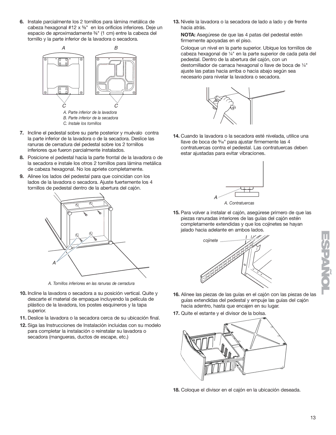 KitchenAid 15.5 (39.4 cm) Washer/Dryer Pedestal installation instructions Contratuercas 