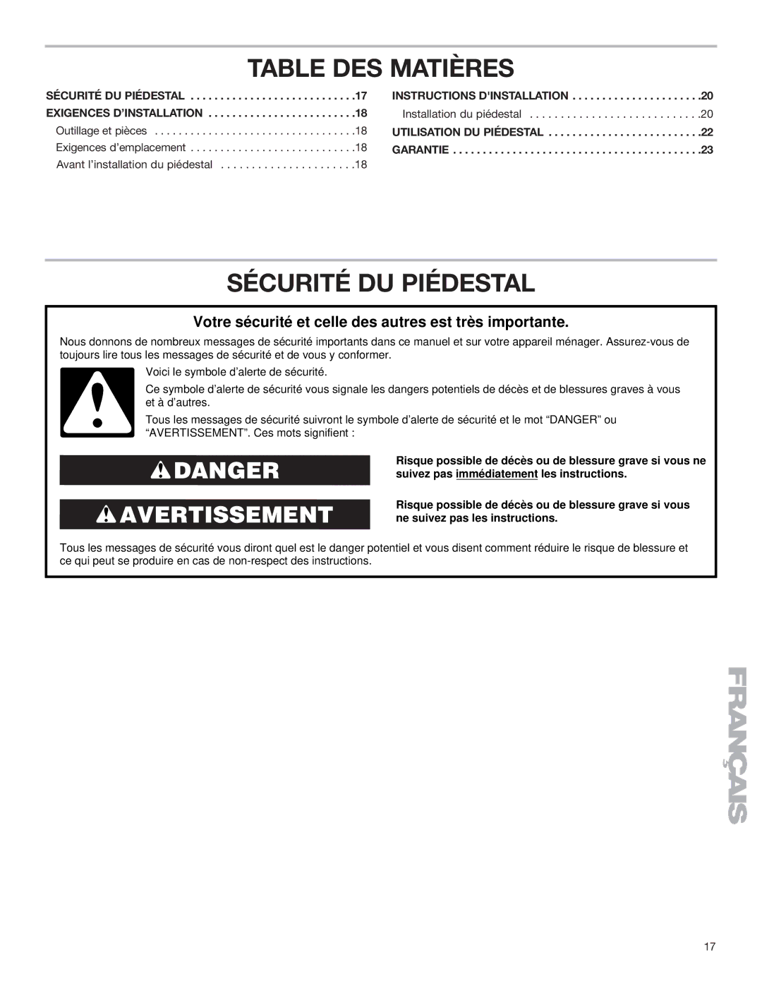 KitchenAid 15.5 (39.4 cm) Washer/Dryer Pedestal installation instructions Table DES Matières, Sécurité DU Piédestal 