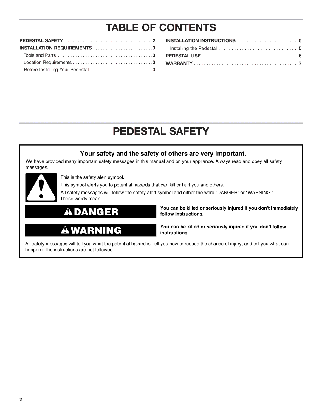 KitchenAid 15.5 (39.4 cm) Washer/Dryer Pedestal installation instructions Table of Contents, Pedestal Safety 