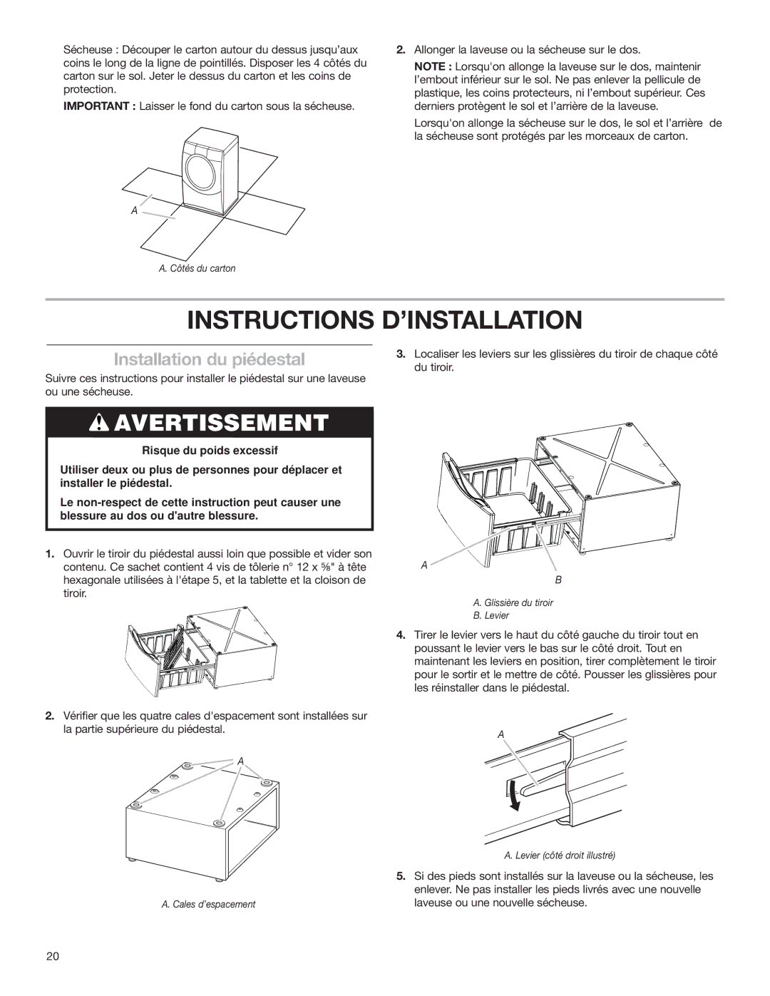 KitchenAid 15.5 (39.4 cm) Washer/Dryer Pedestal Instructions D’INSTALLATION, Installation du piédestal 