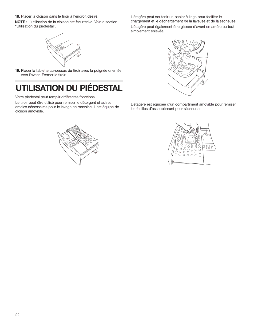 KitchenAid 15.5 (39.4 cm) Washer/Dryer Pedestal installation instructions Utilisation DU Piédestal 