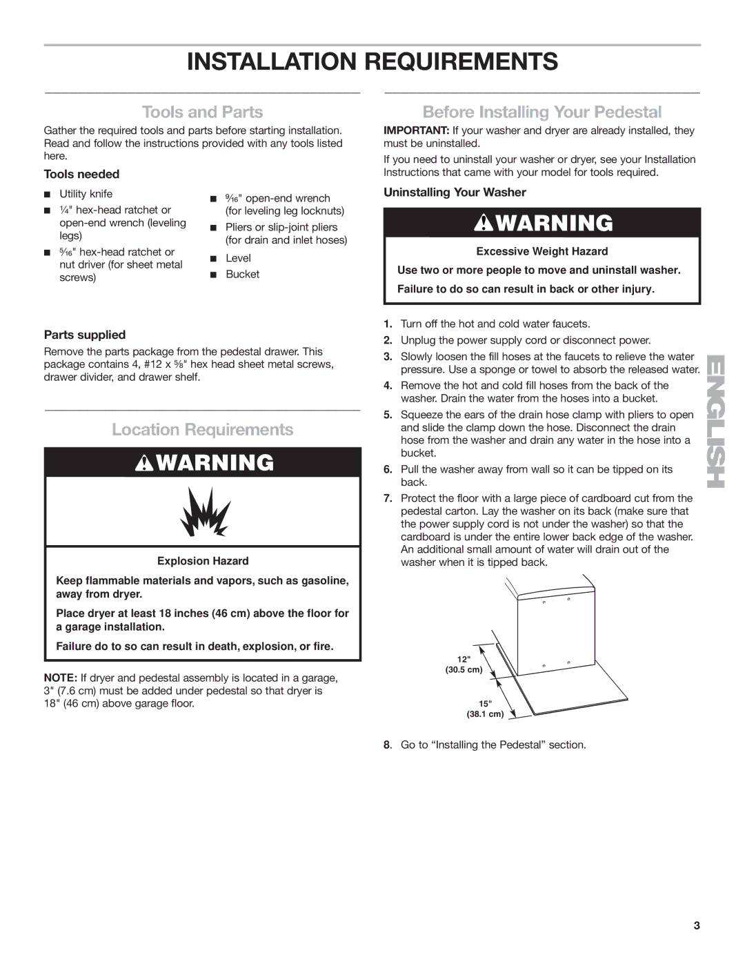 KitchenAid 15.5 (39.4 cm) Washer/Dryer Pedestal Installation Requirements, Tools and Parts, Location Requirements 