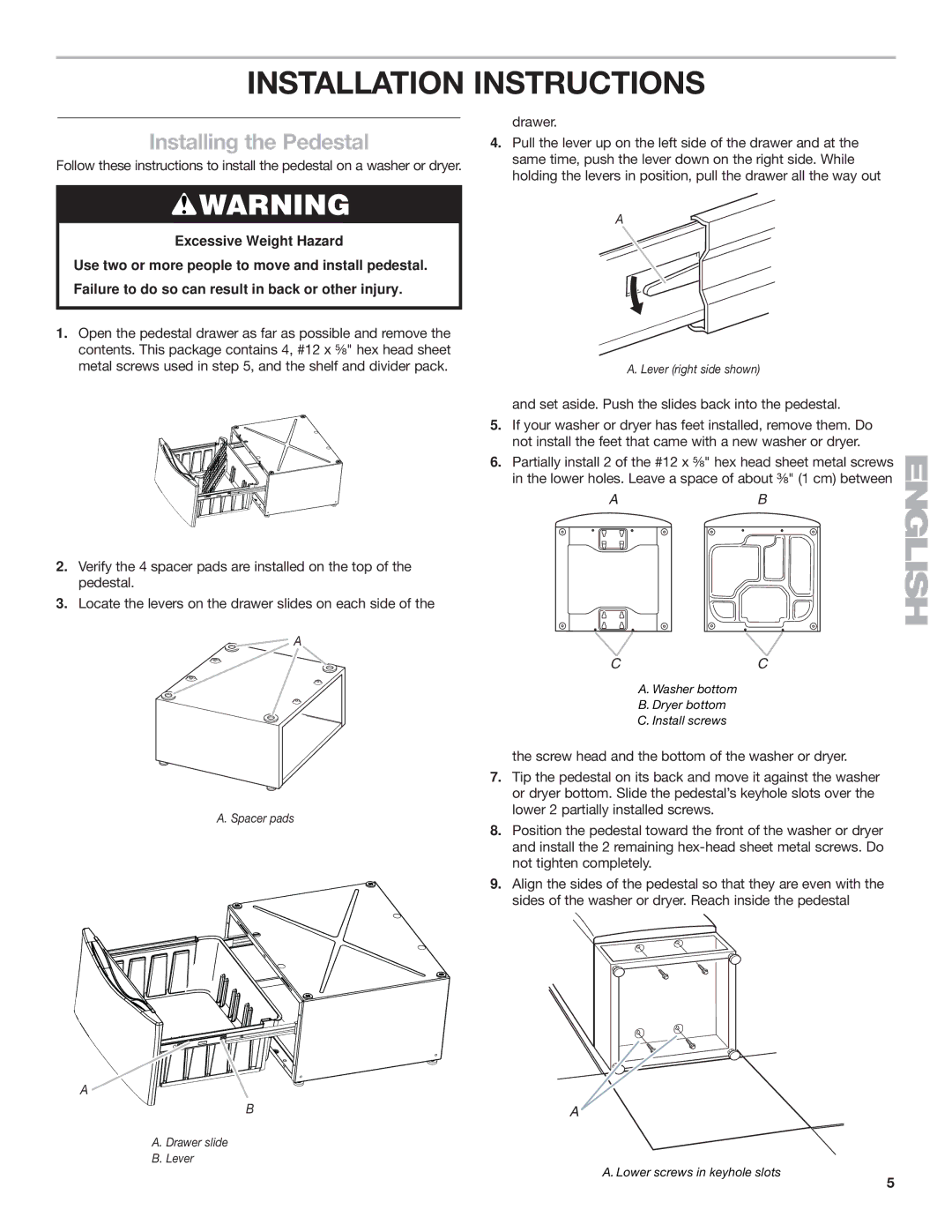 KitchenAid 15.5 (39.4 cm) Washer/Dryer Pedestal Installation Instructions, Installing the Pedestal 