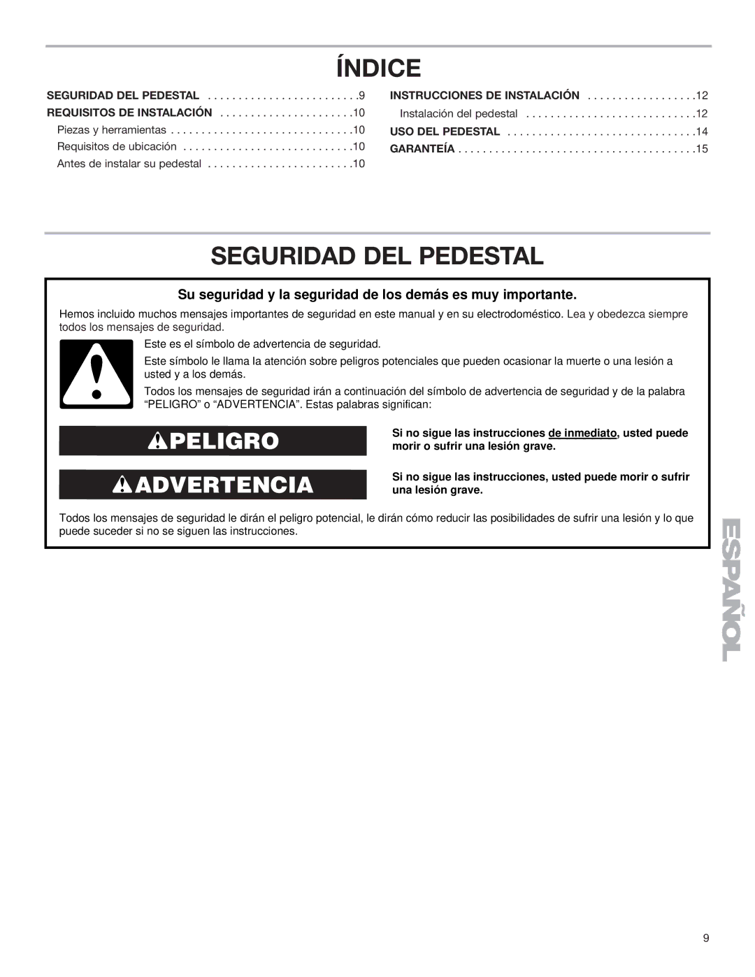 KitchenAid 15.5 (39.4 cm) Washer/Dryer Pedestal installation instructions Índice, Seguridad DEL Pedestal 