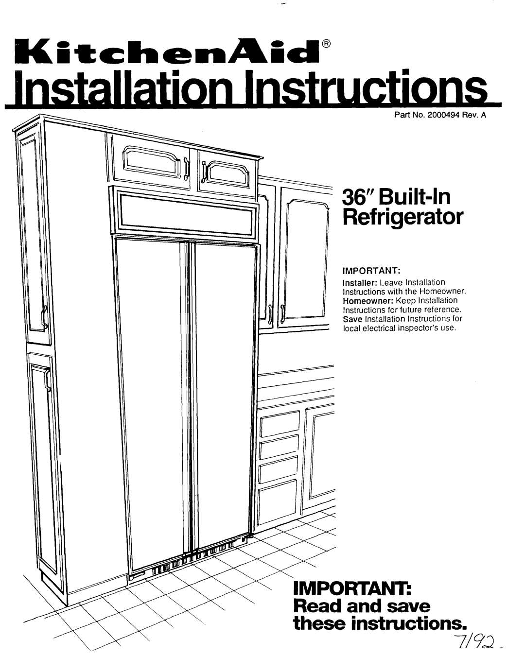 KitchenAid 2000-101 installation instructions Built-h Refrigerator, Par! No Rev. a 