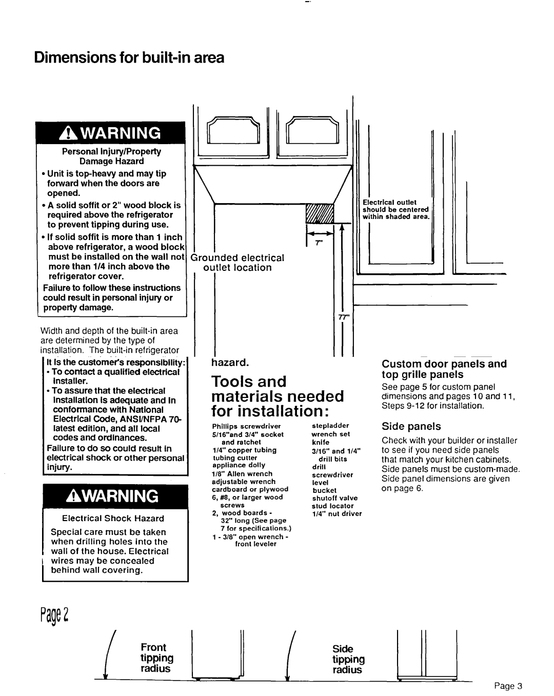 KitchenAid 2000-101 Dimensions for built-in area, Dimensions for tipping product, Ounded electrical Let location 