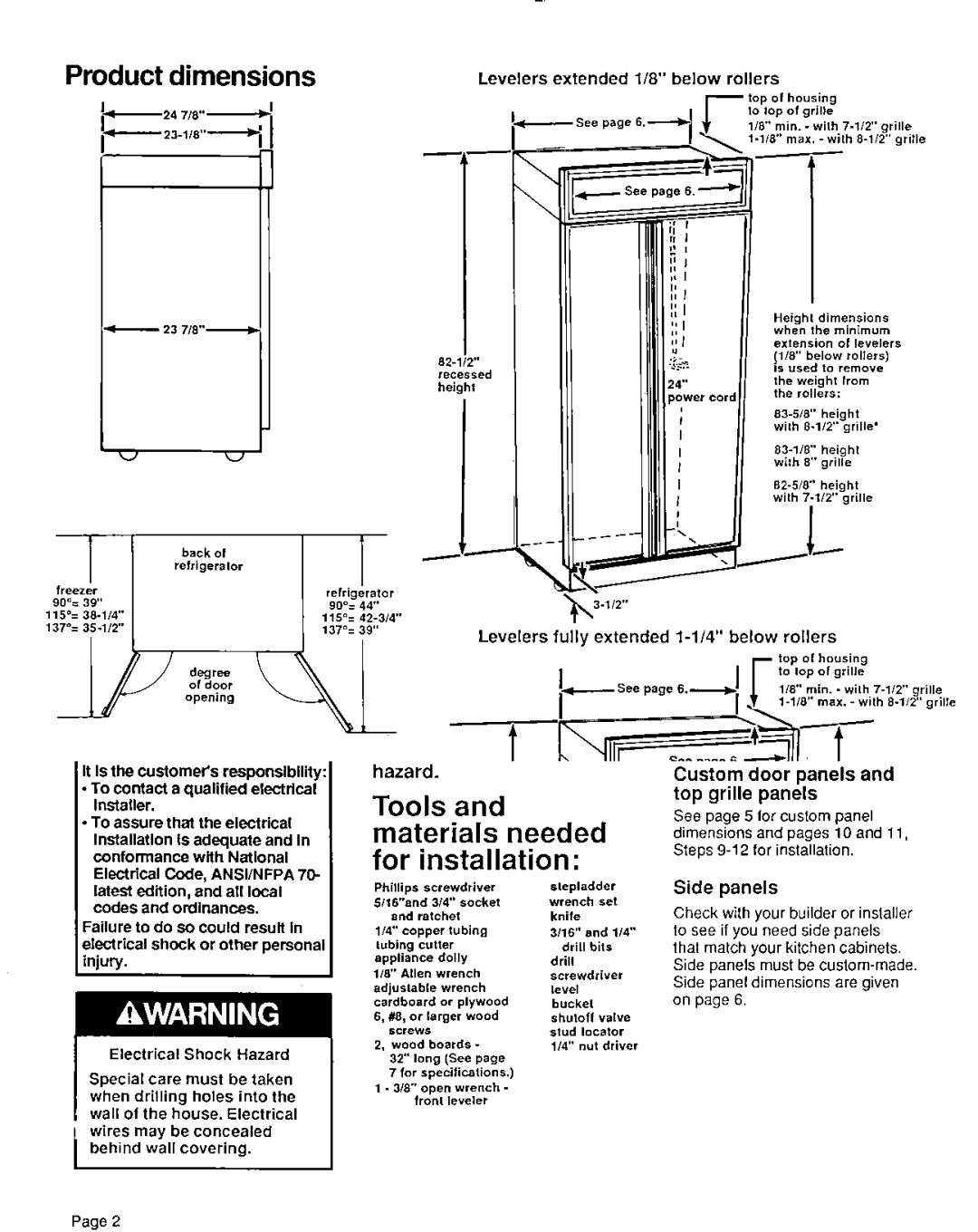 KitchenAid 2000-101 Product dimensions, Extended Below, Levelers fully extended l-1/4 below rollers Top grille 