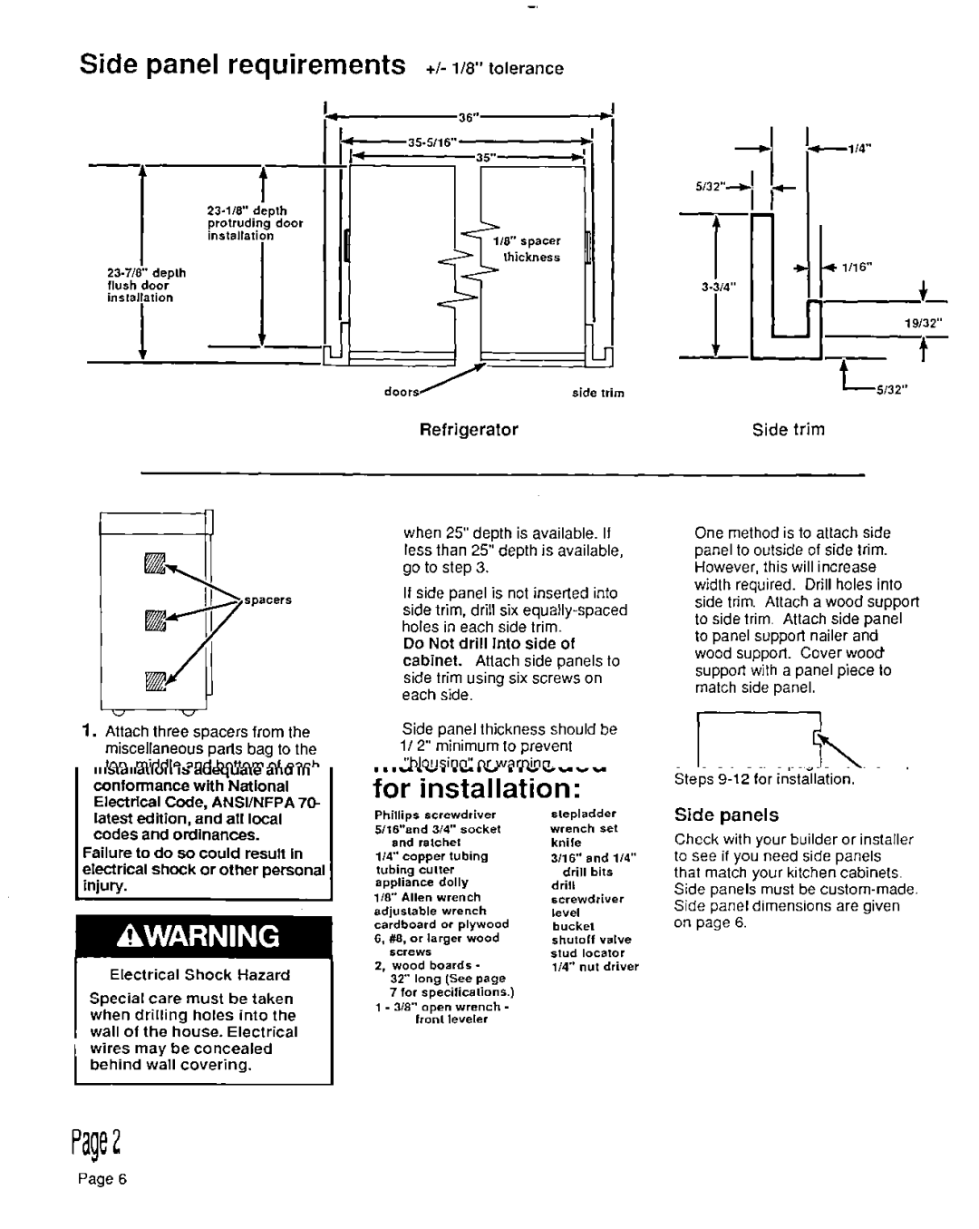 KitchenAid 2000-101 installation instructions +I- 1~ tolerance, Refrigerator, Side trim 