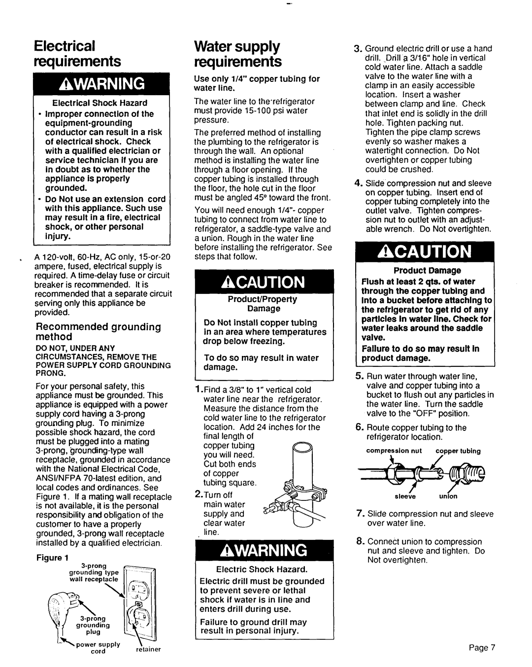 KitchenAid 2000-101 installation instructions Use only l/4 copper tubing for water line, Product/Property Damage 