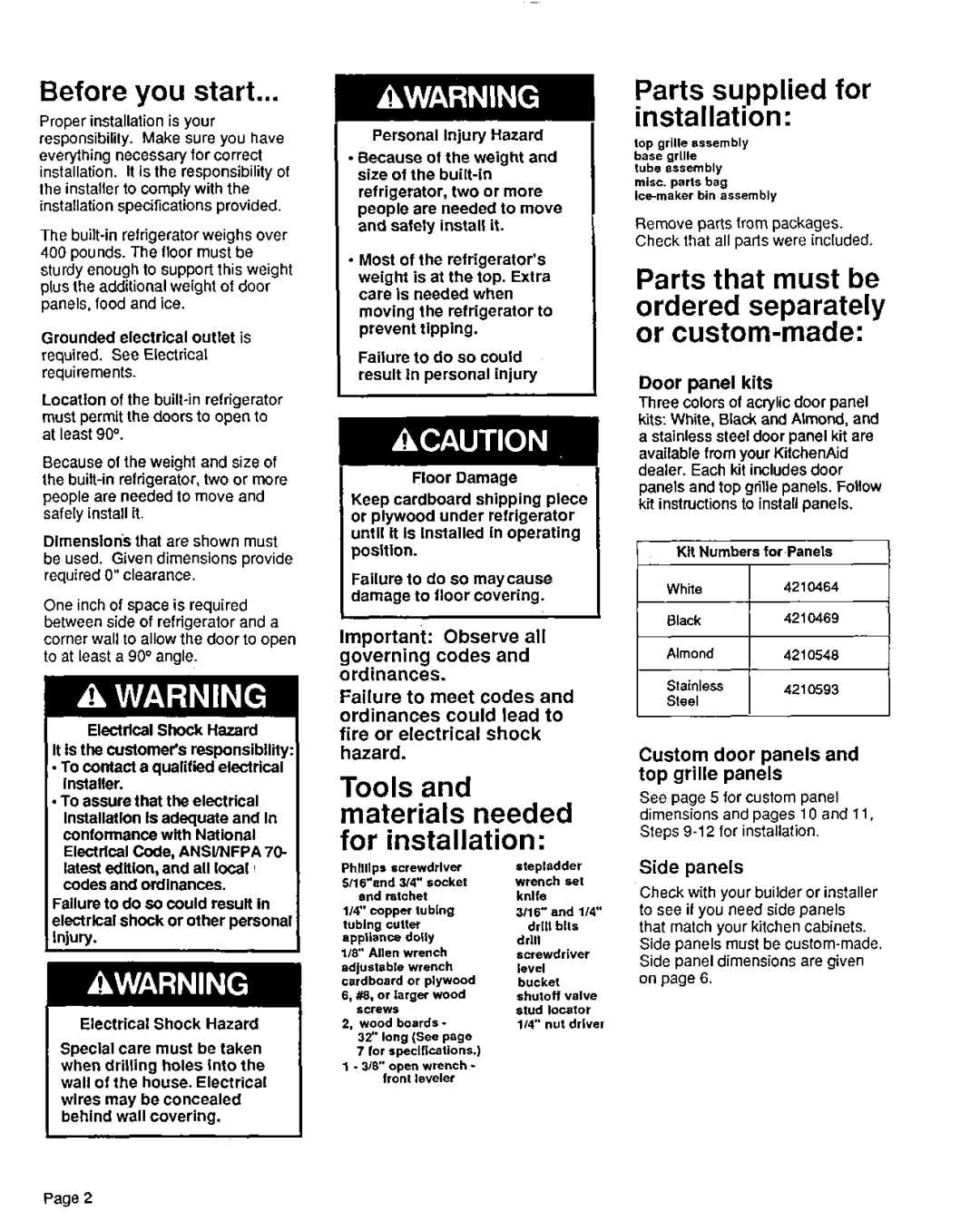 KitchenAid 2000491 Before you start, Parts that must be ordered separately or custom-made, Door panel kits, Side panels 