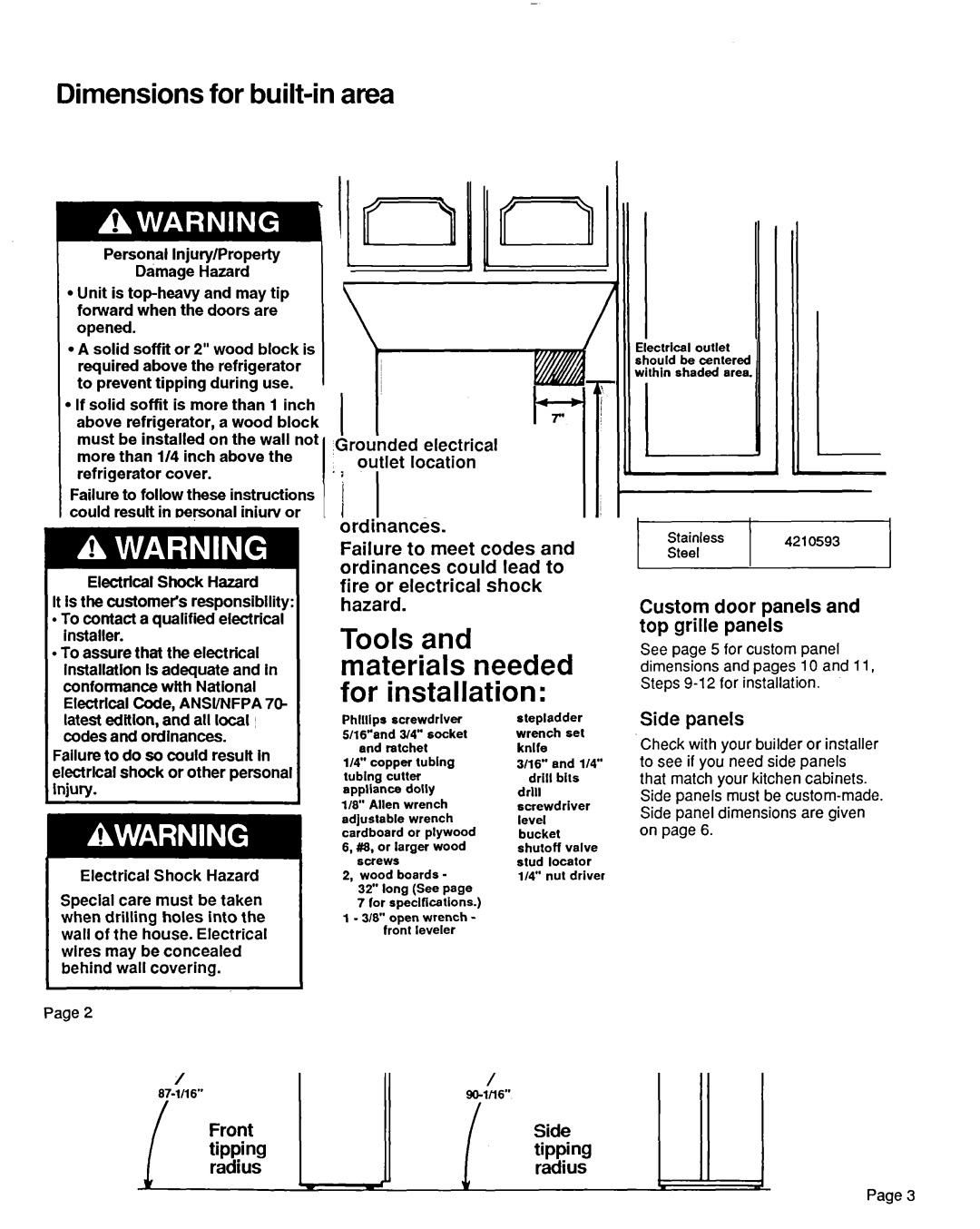 KitchenAid 2000491 installation instructions Dimensions for built-in area, Dimensions for tippina pr 