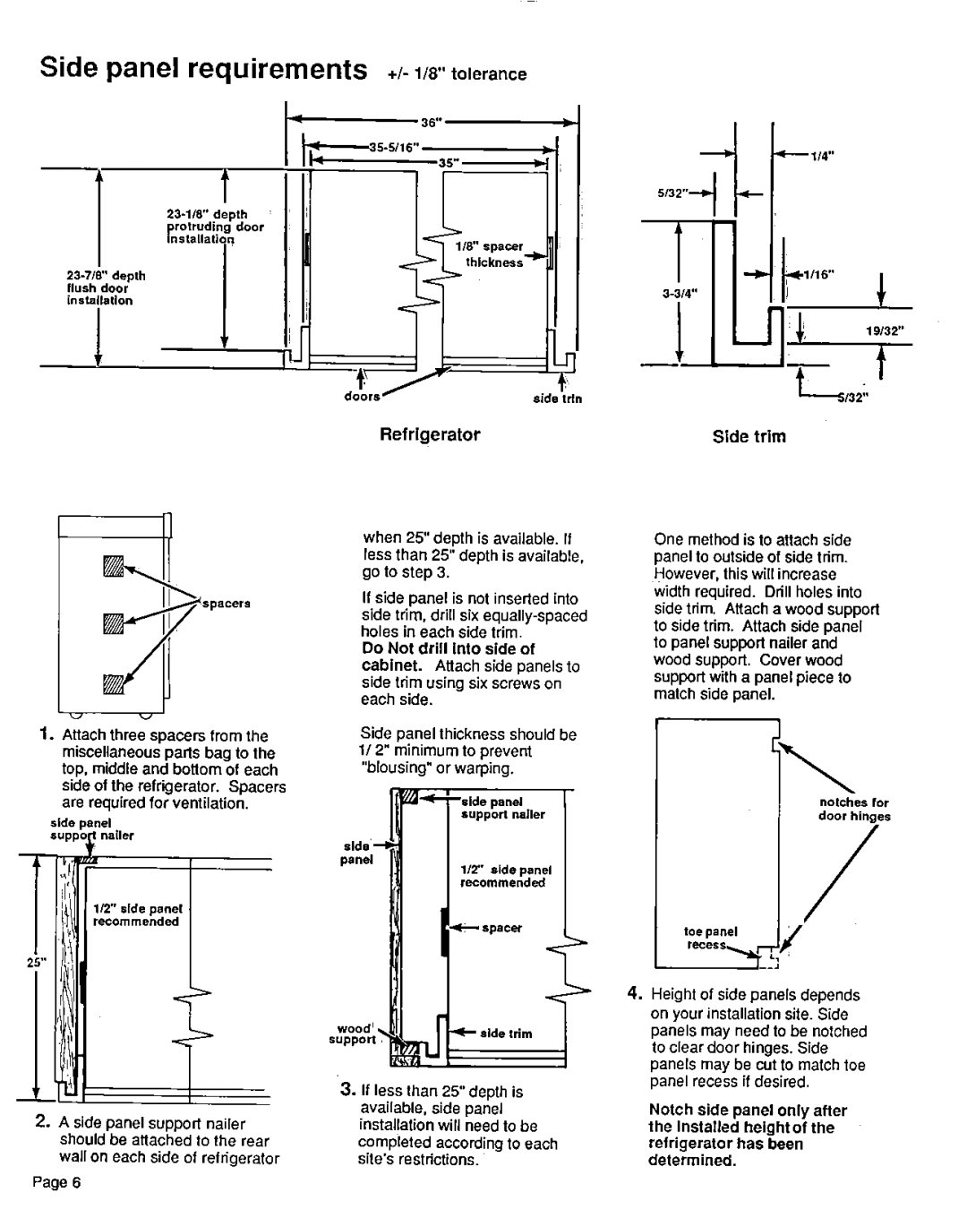 KitchenAid 2000491 installation instructions Side panel requirements +/- I/W tolerance, Refrigerator, Side trim 