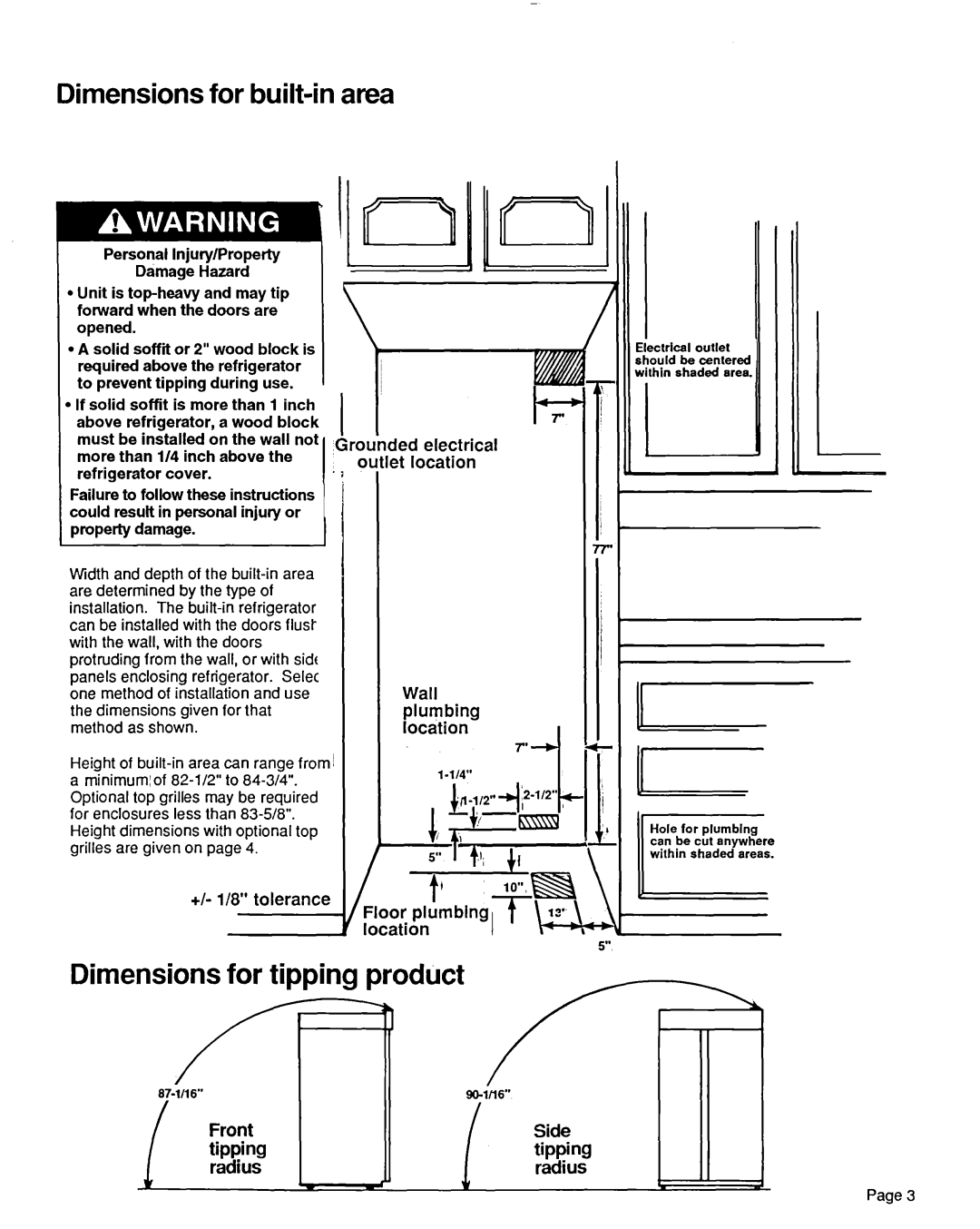 KitchenAid 2000491 Dimensions for built-in area, Dimensions for tippina pr, outslet, location, Wall, plumbing, loctition 