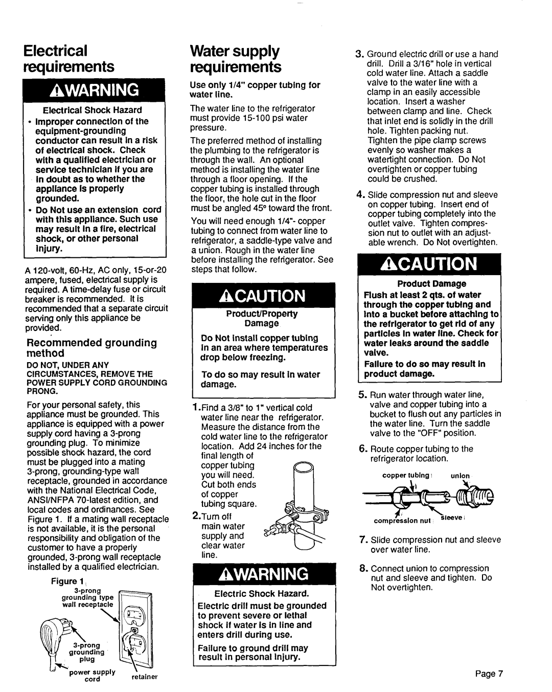 KitchenAid 2000491 Recommended grounding met hod, Electrical requirements, Water supply requirements 
