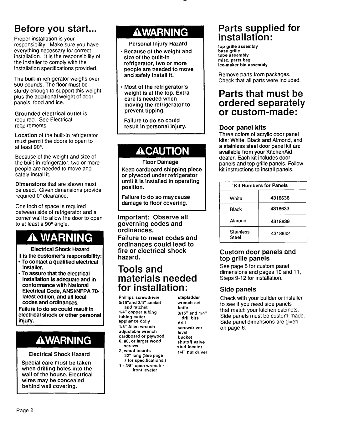 KitchenAid 2000495 Before you start, Parts that must be ordered separately or custom-made, Door panel kits, Side panels 