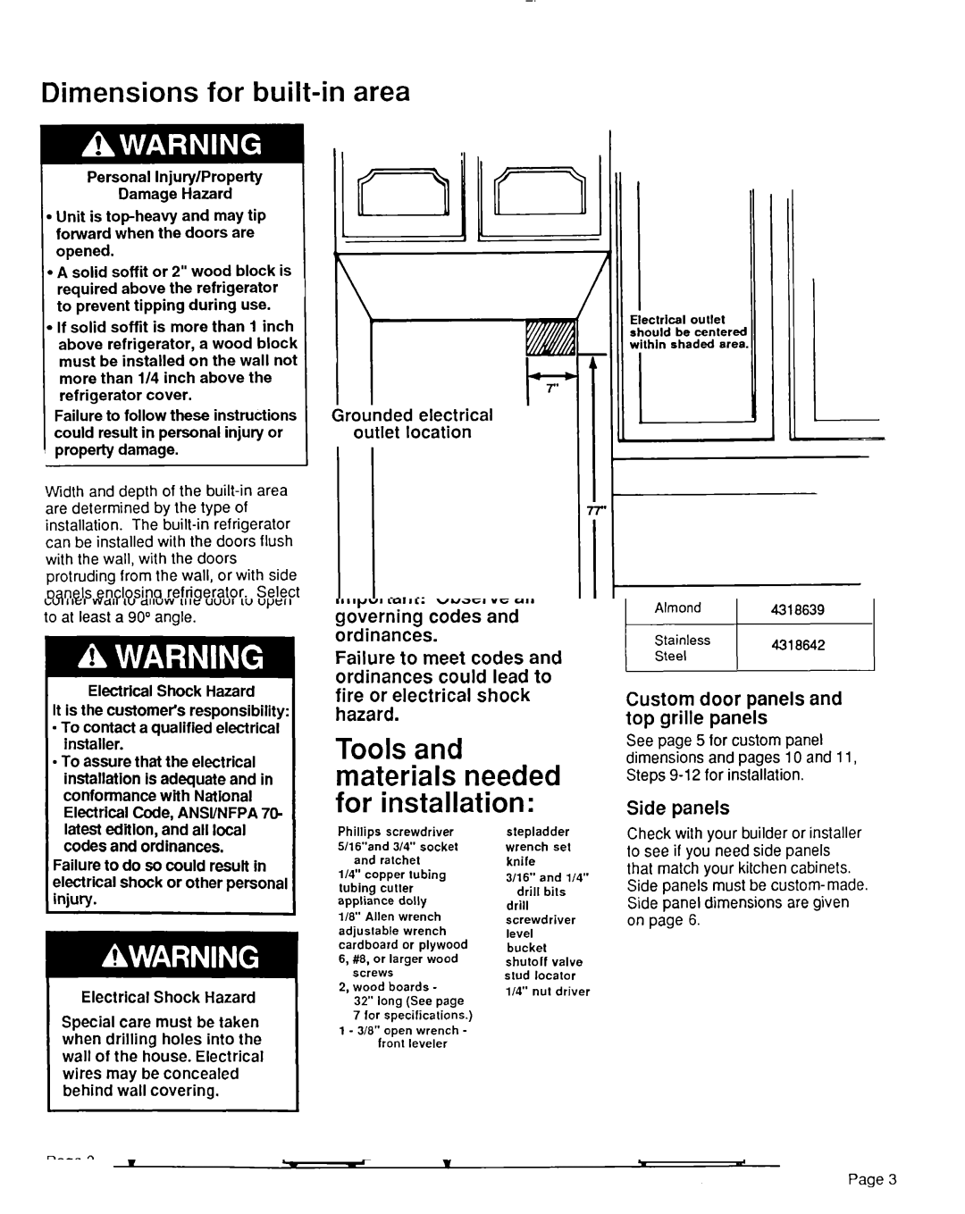 KitchenAid 2000495 installation instructions Dimensions for built-in area, Front, Tipping Radius 