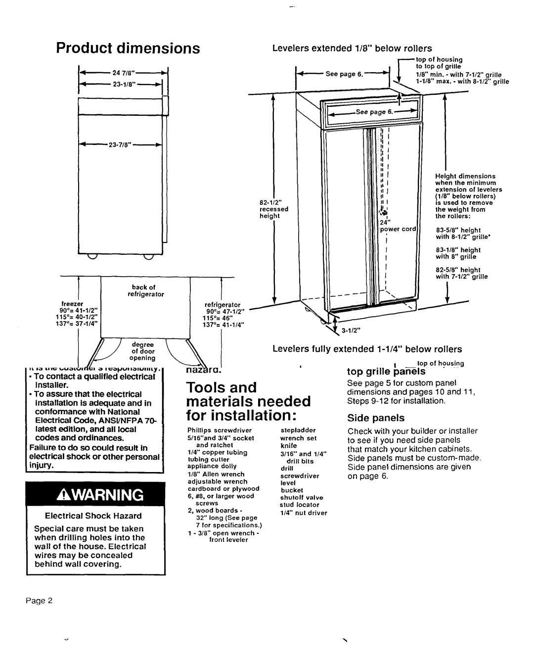 KitchenAid 2000495 Product dimensions, Levelers extended l/8 below rollers, ‘Top grille, Optional Top Grilles 