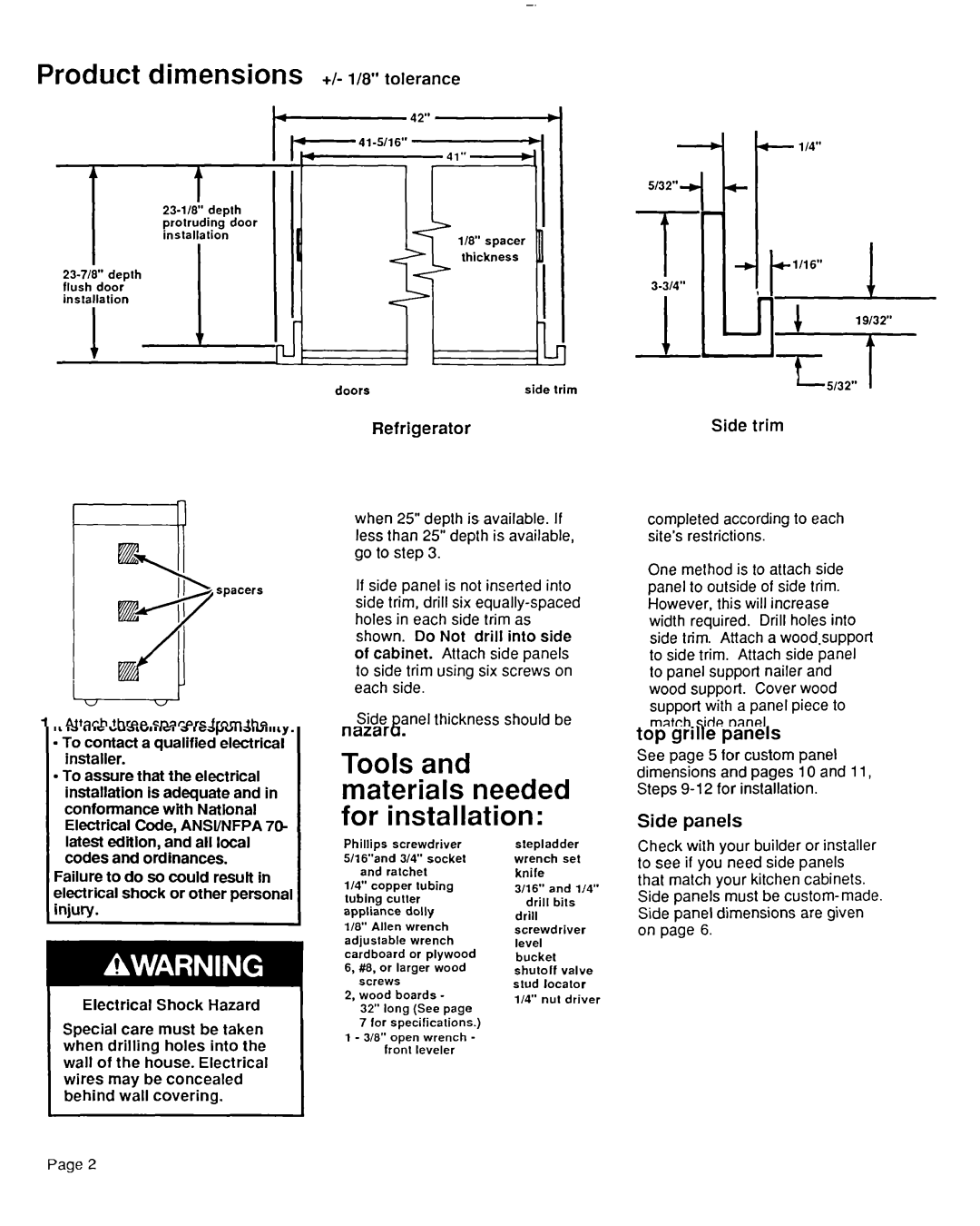 KitchenAid 2000495 installation instructions Product dimensions +/- I/W tolerance, Refrigerator, Side trim 