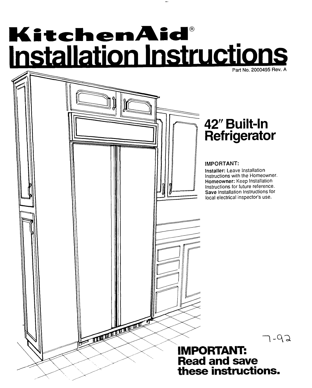 KitchenAid 2000495 installation instructions IttchenAiid”, 42” Built-In Refrigerator 