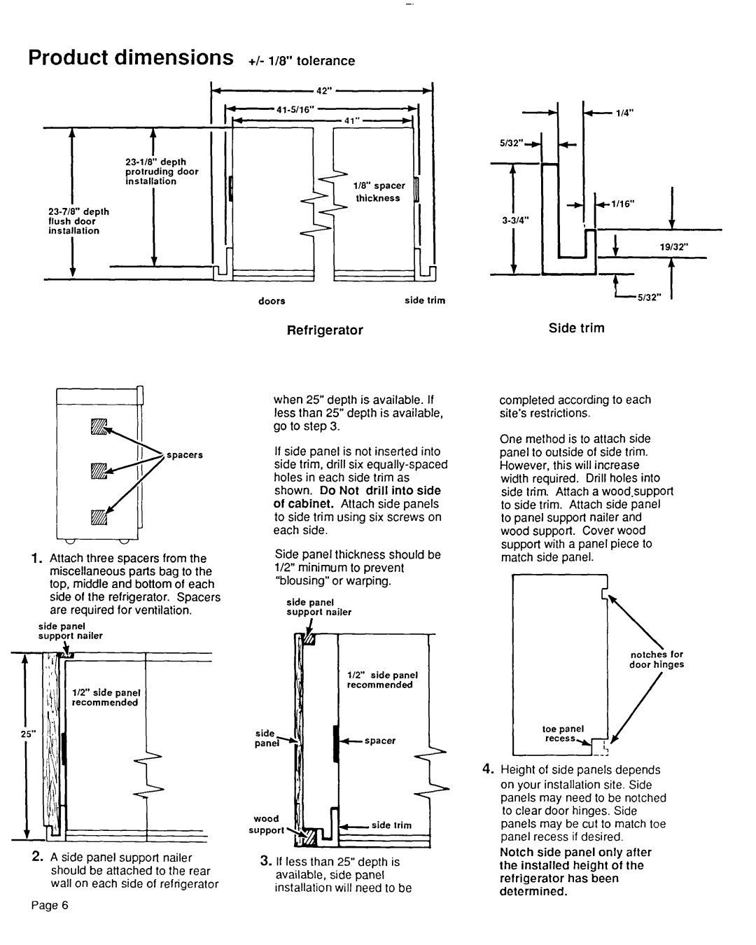 KitchenAid 2000495 installation instructions Product dimensions +/- I/W tolerance, Refrigerator, Side trim 