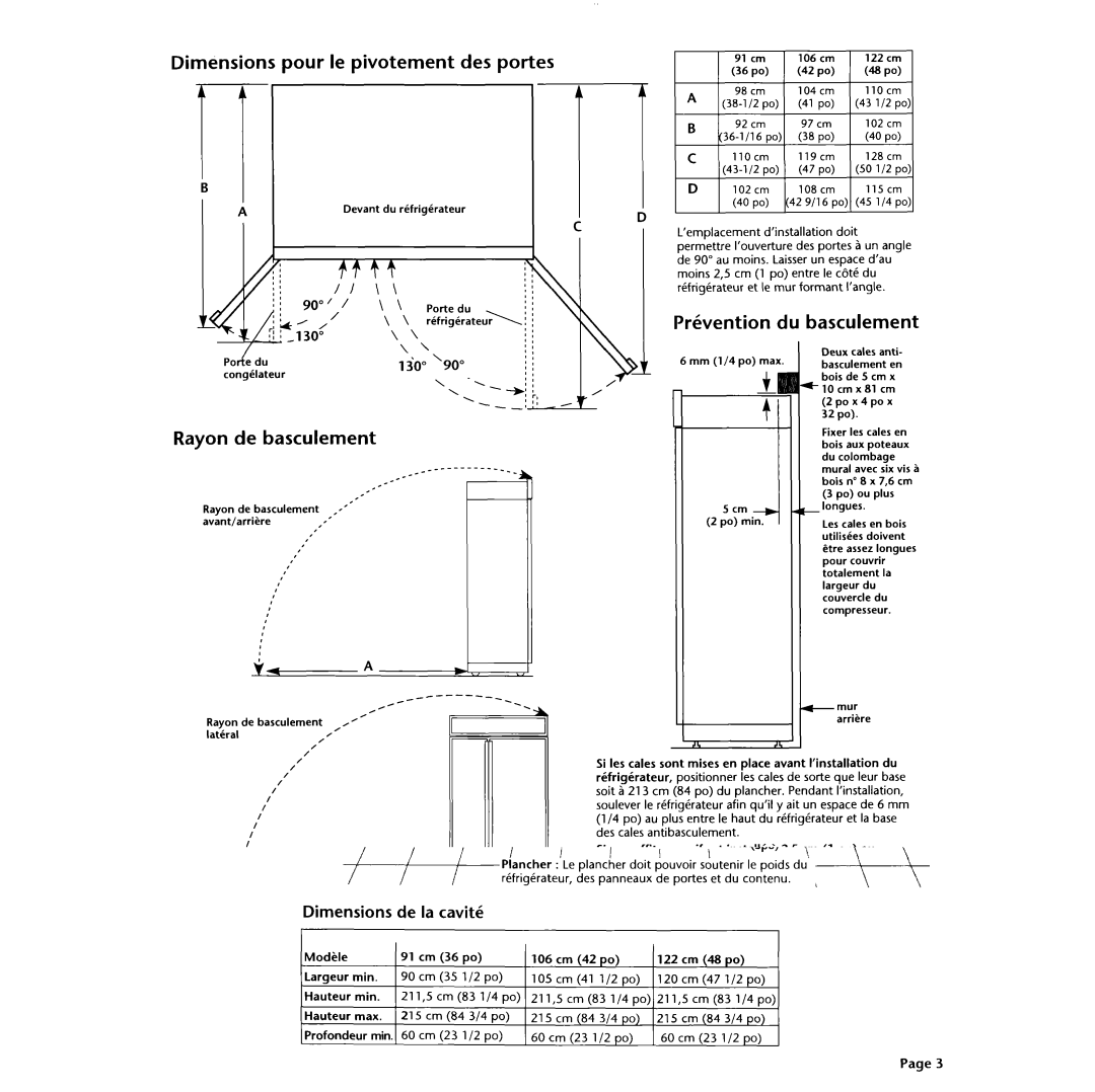 KitchenAid 2003757 Dimensions Pour le pivotement Des Portes, Pr&ention Basculement, Rayon de basculement, 222 